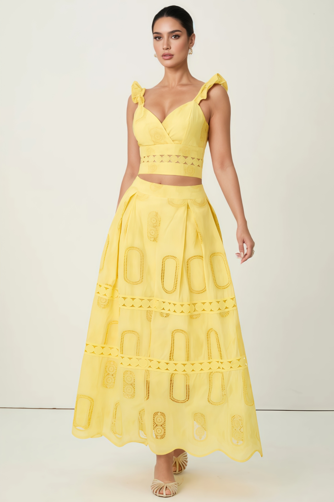 Gilvan Yellow Embroidered Lace Ruffle Top Maxi Dress Set