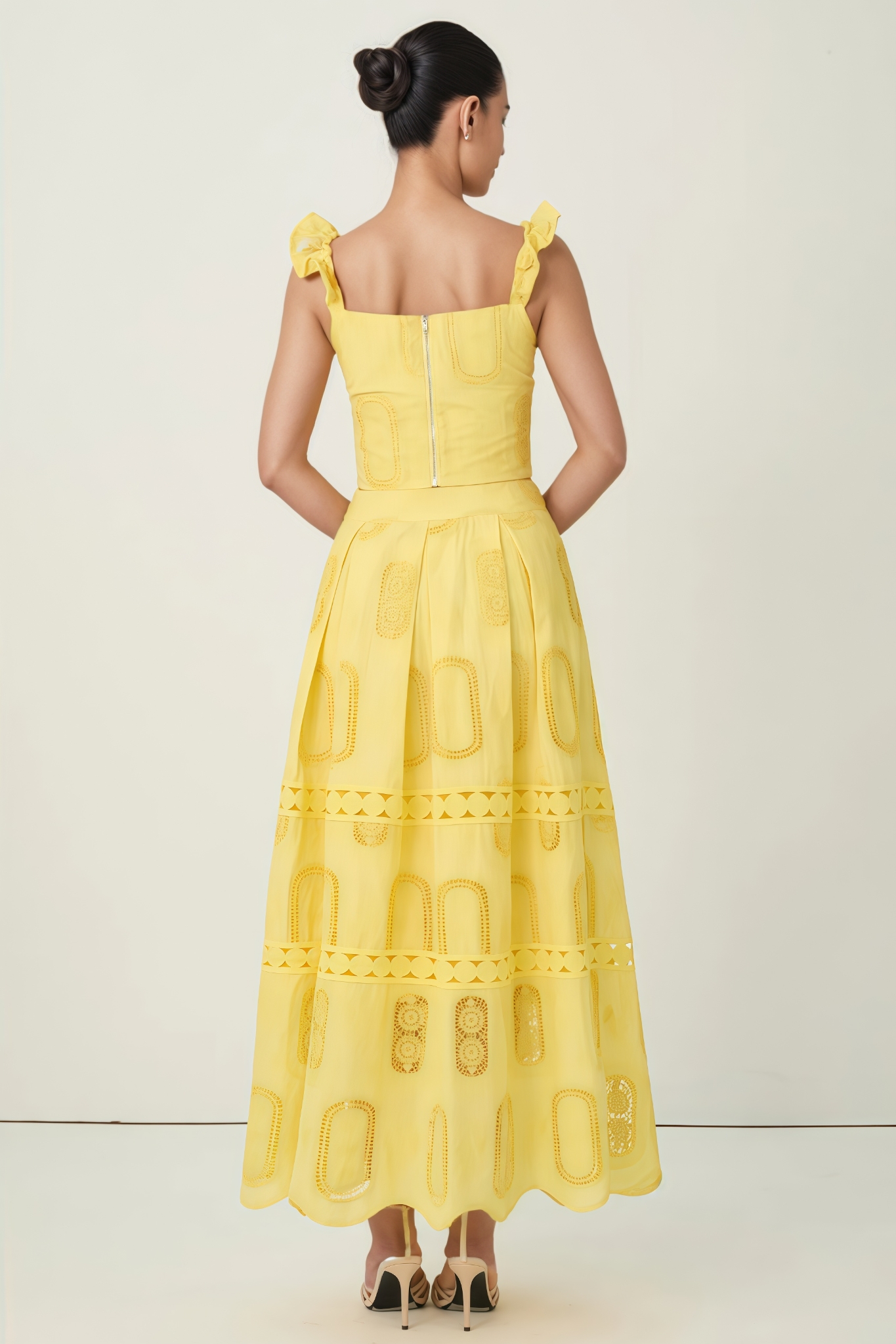 Gilvan Yellow Embroidered Lace Ruffle Top Maxi Dress Set