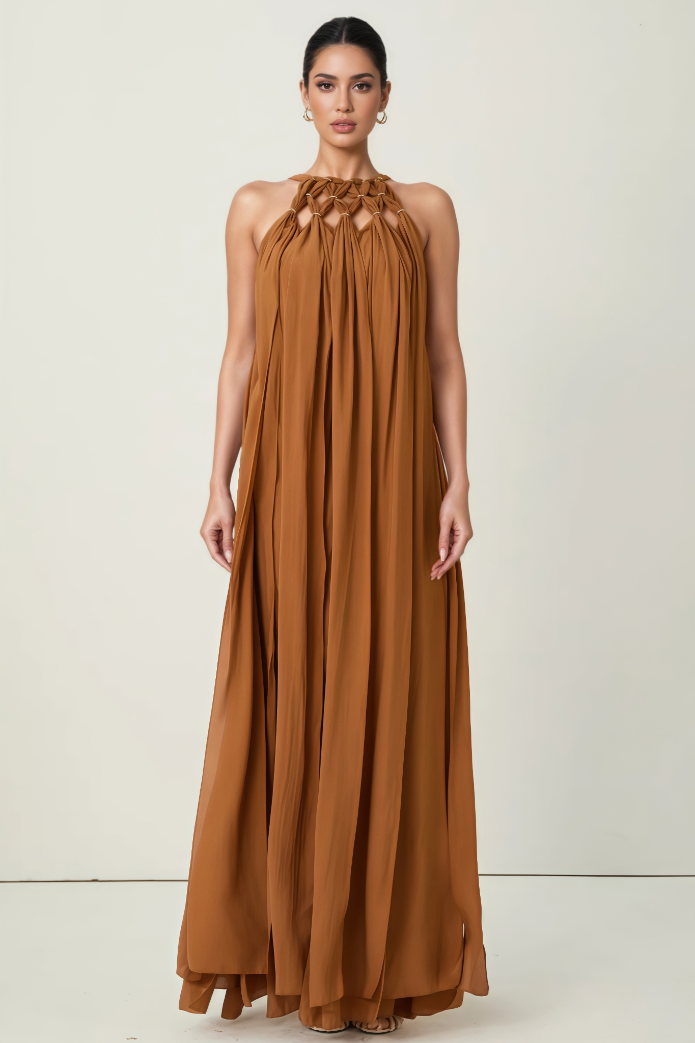 Hevnrt Brown Knotted Draped Maxi Dress