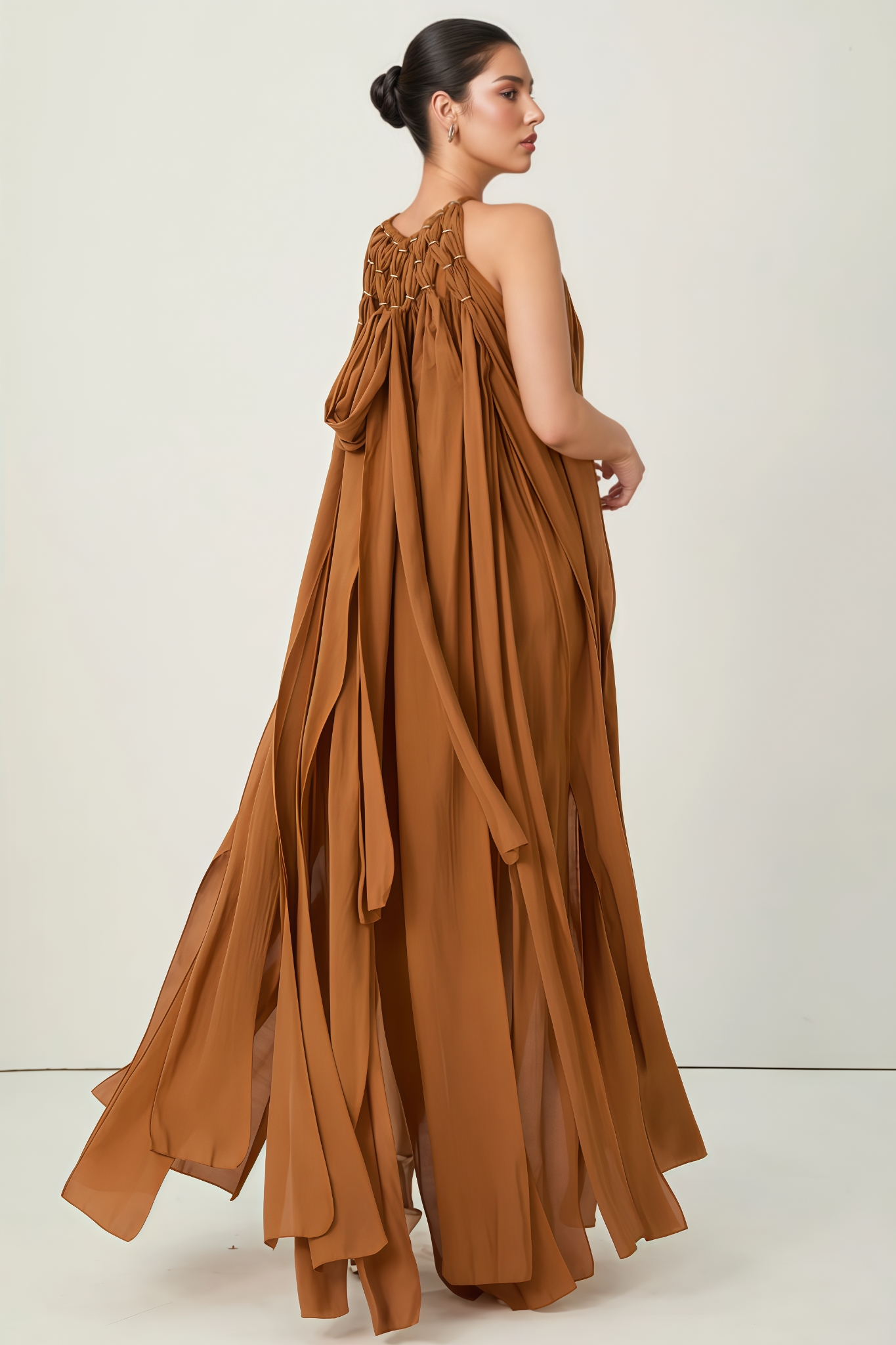 Hevnrt Brown Knotted Draped Maxi Dress
