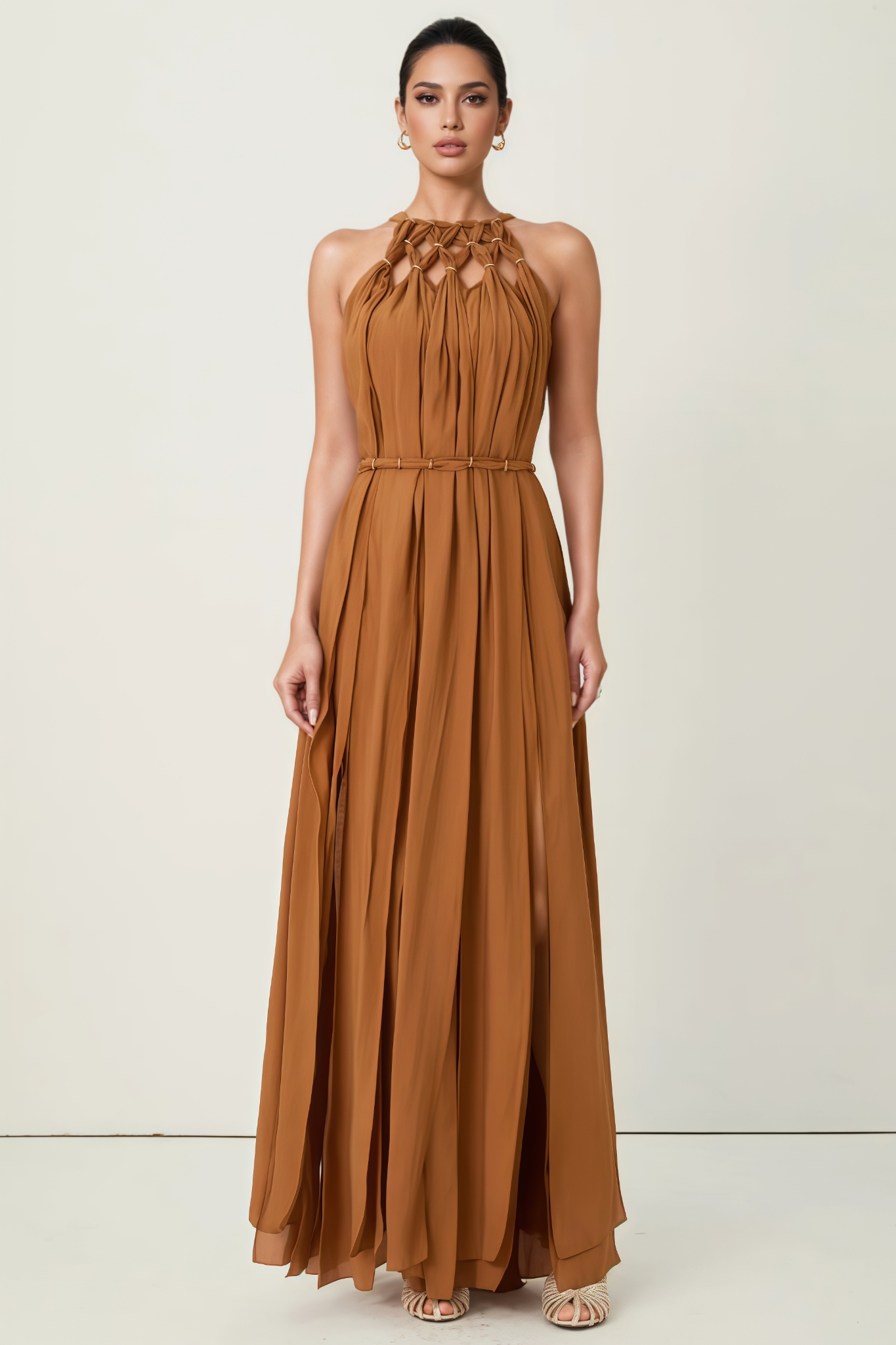 Hevnrt Brown Knotted Draped Maxi Dress