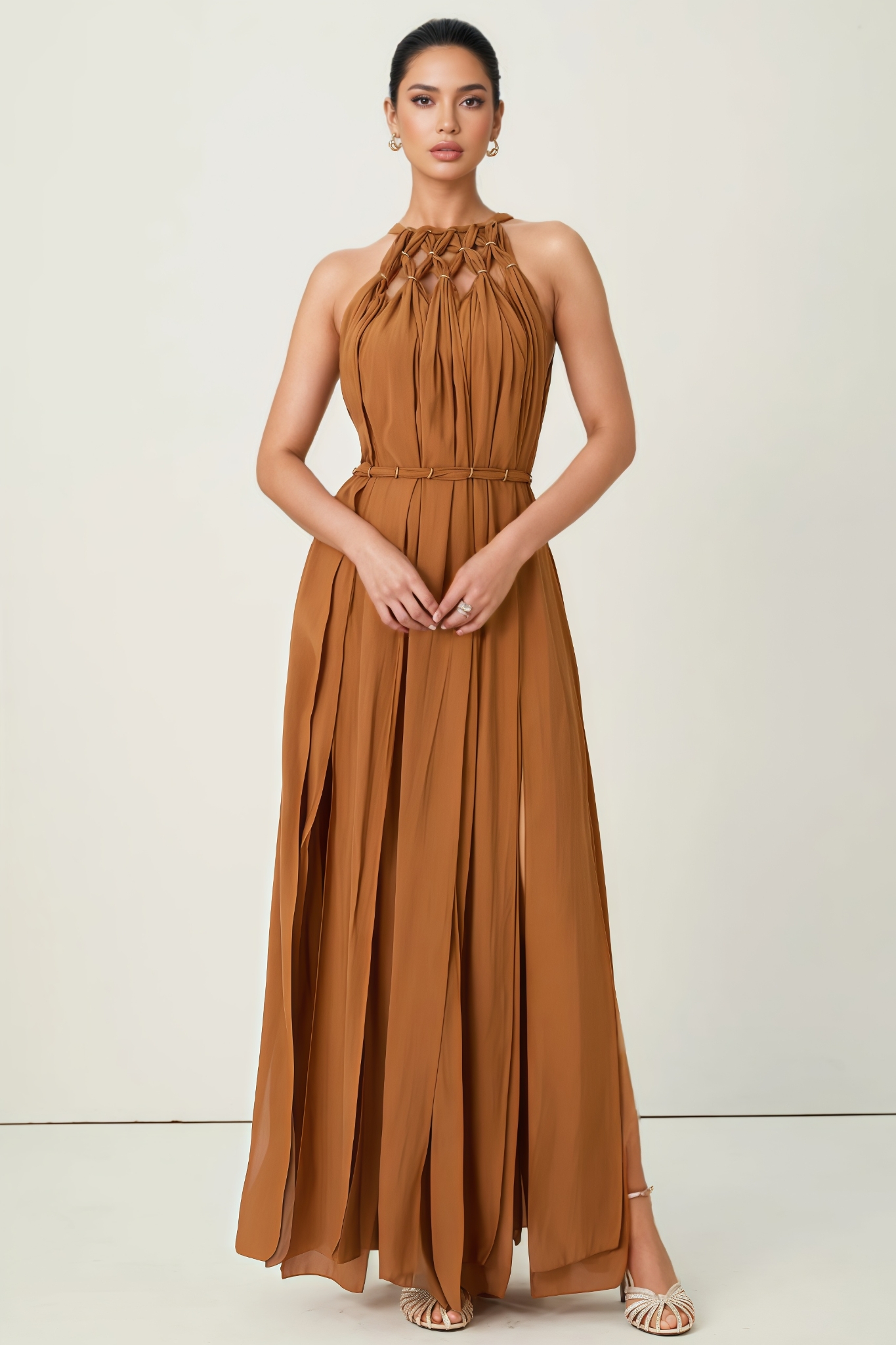 Hevnrt Brown Knotted Draped Maxi Dress