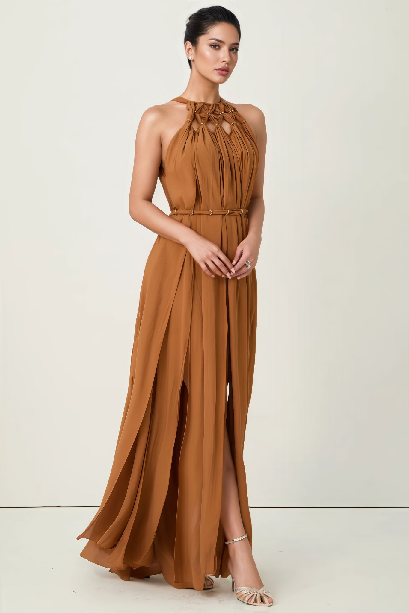 Hevnrt Brown Knotted Draped Maxi Dress
