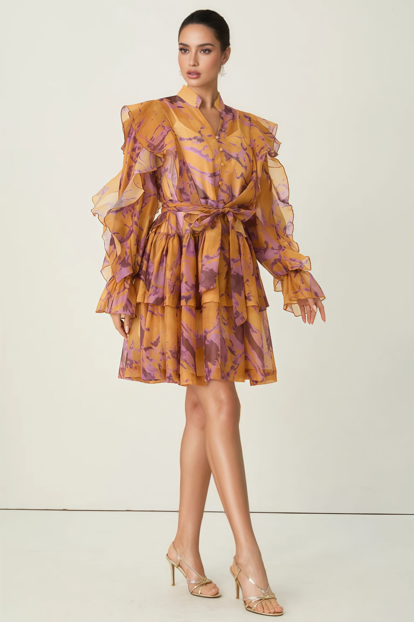 Britan Orange Print Ruffle Shoulder Mini Dress