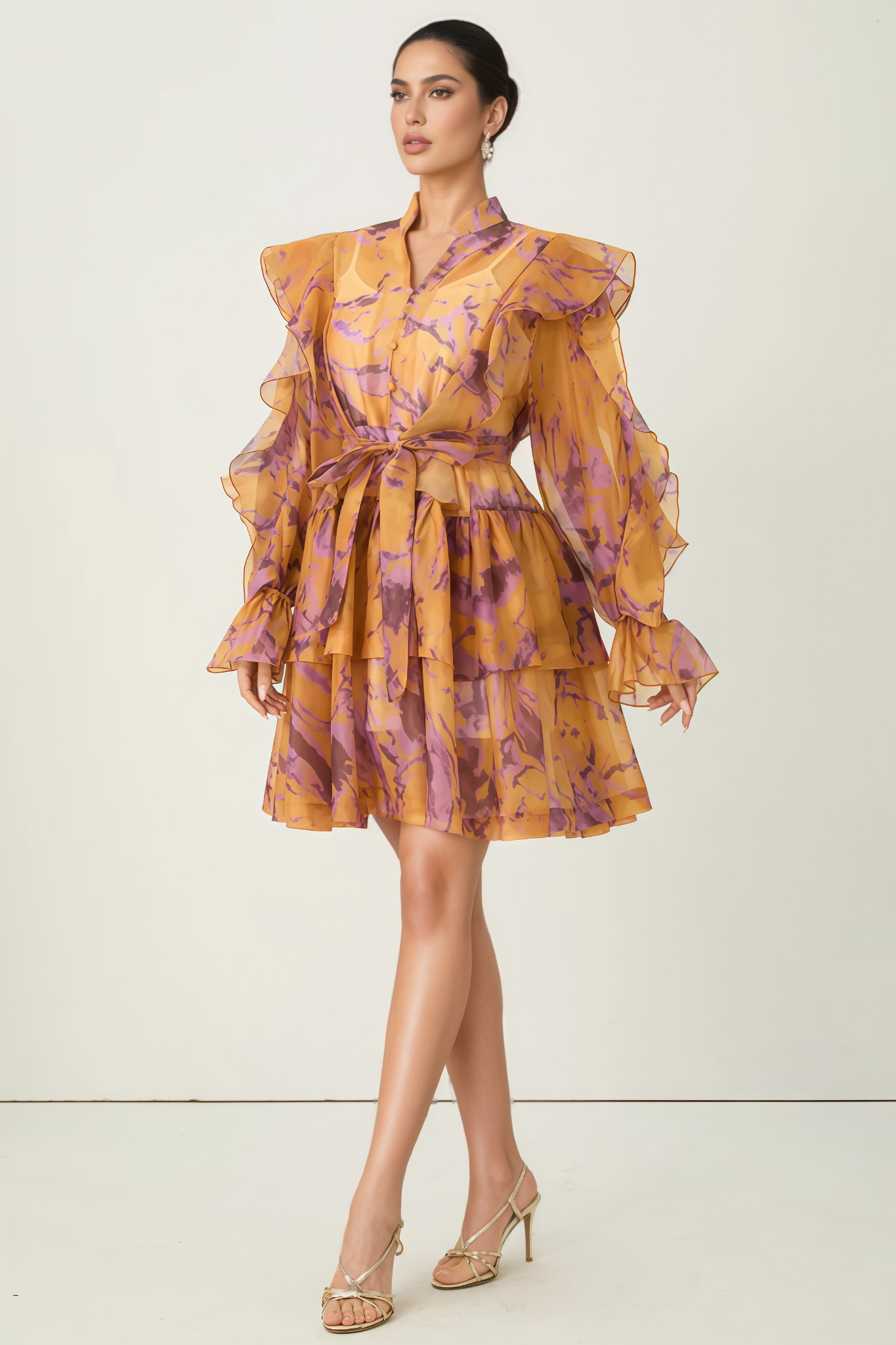 Britan Orange Print Ruffle Shoulder Mini Dress