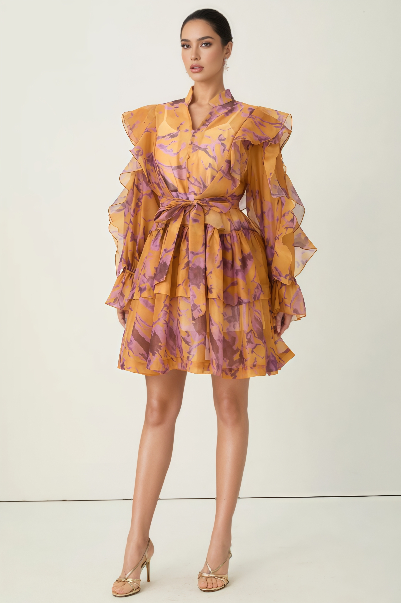 Britan Orange Print Ruffle Shoulder Mini Dress