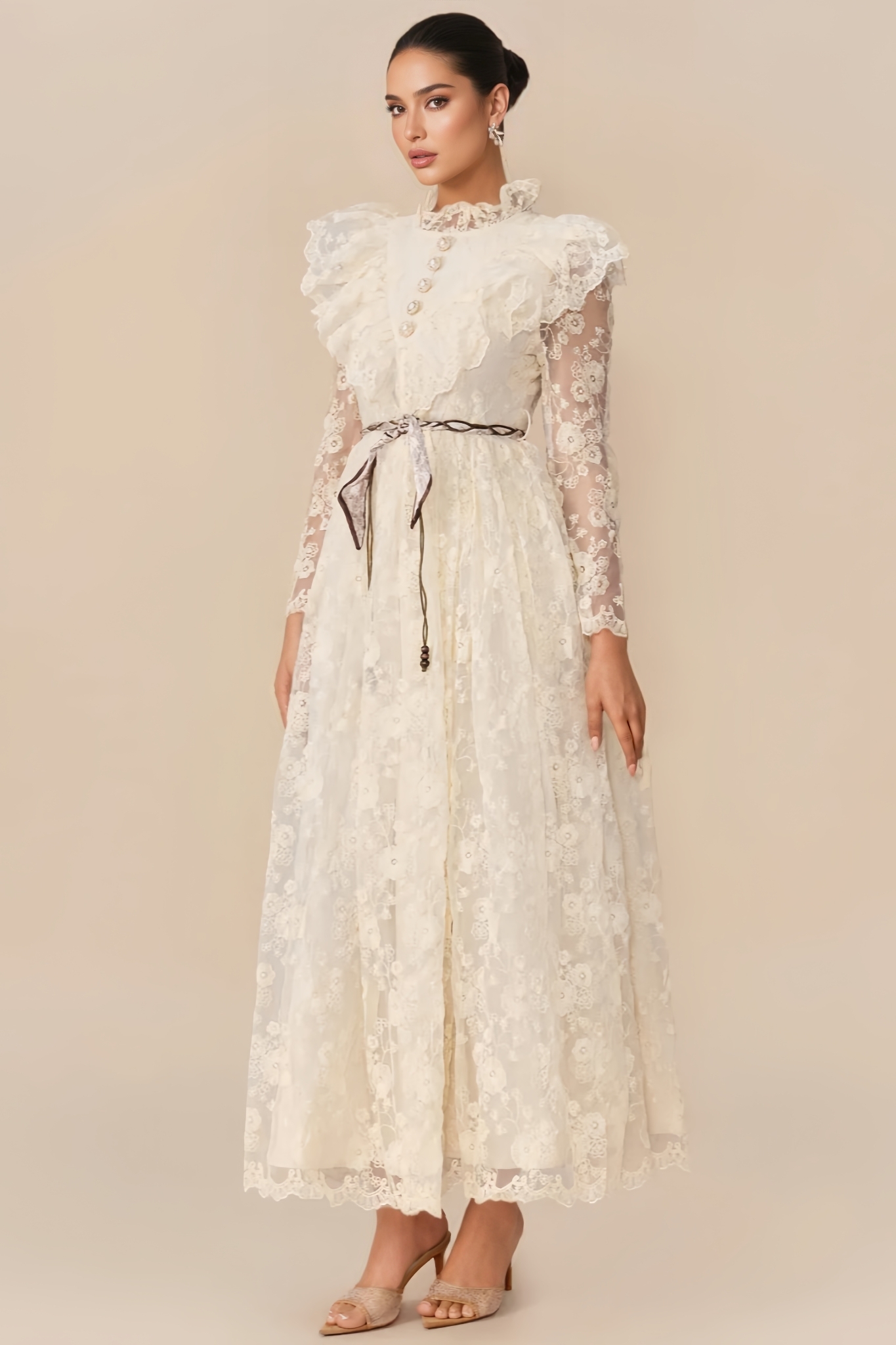 Fhloe Beige Long Sleeve Lace Ruffle Maxi Dress