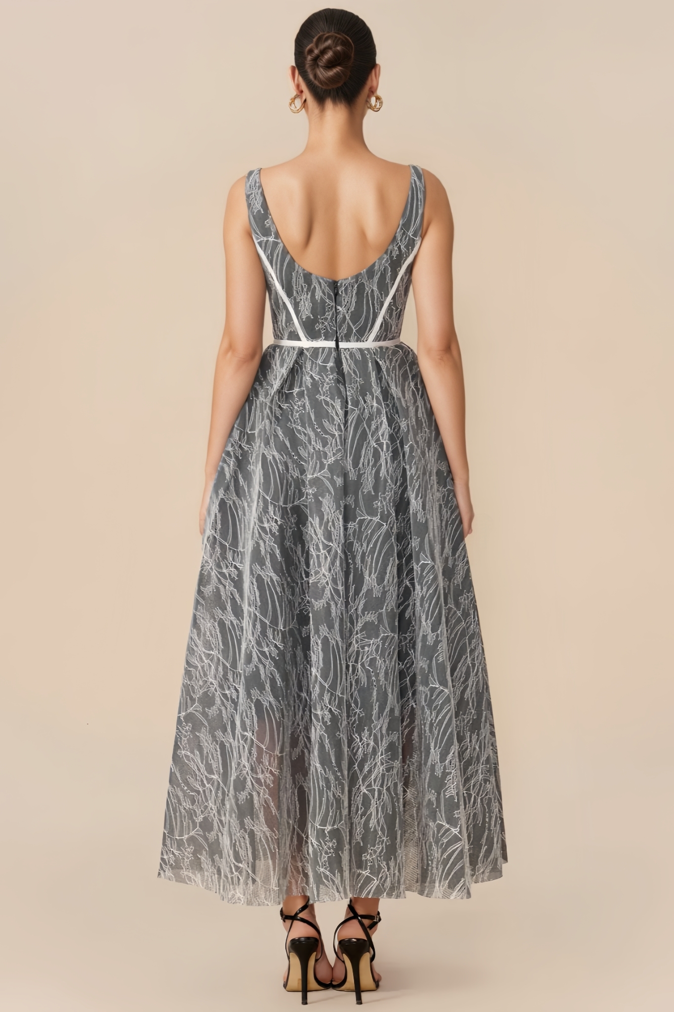 Jabriella Grey Halter Lace Mesh Maxi Dress