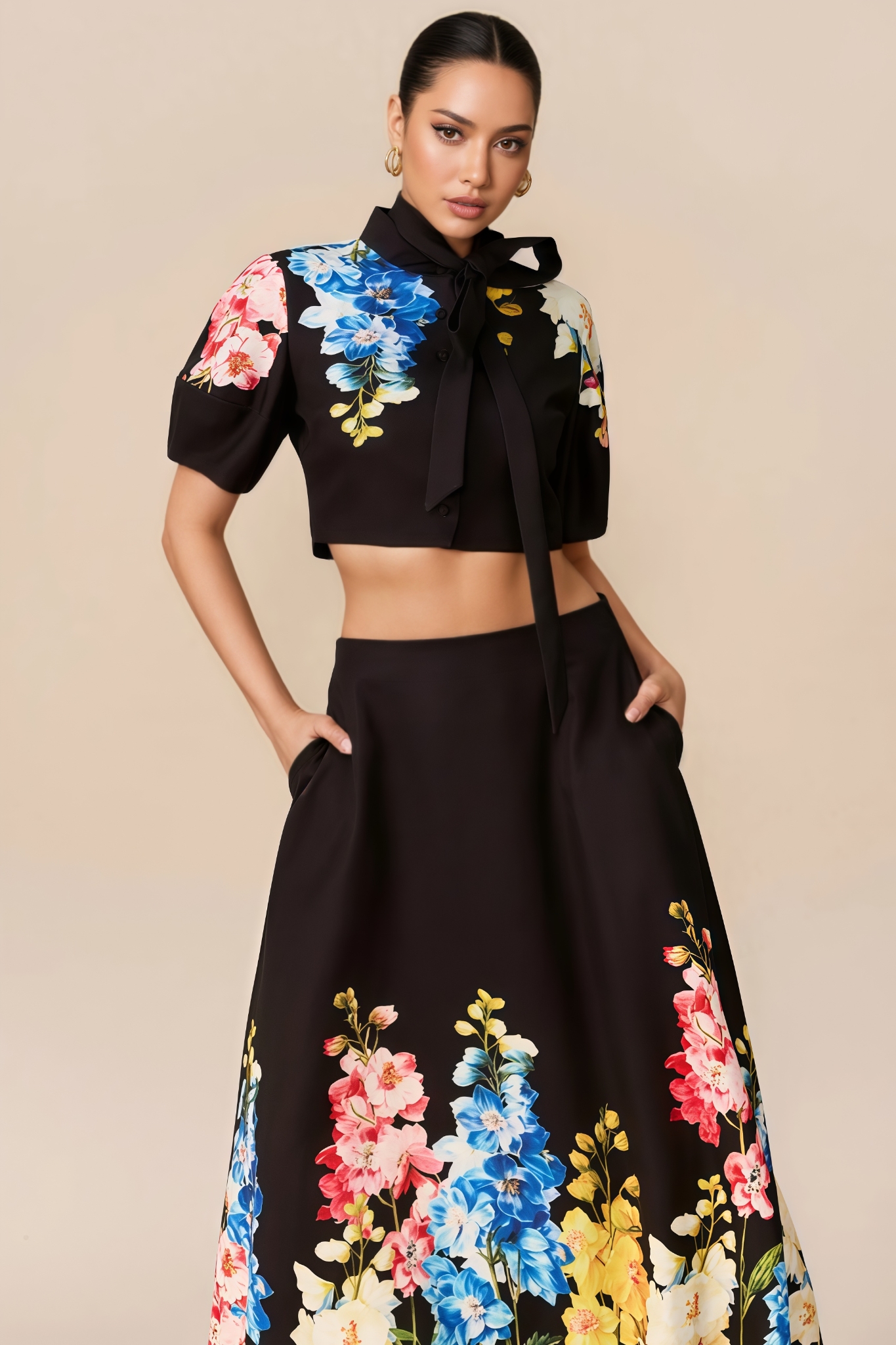 Xictoria Black Short Sleeve Floral Maxi Dress Set