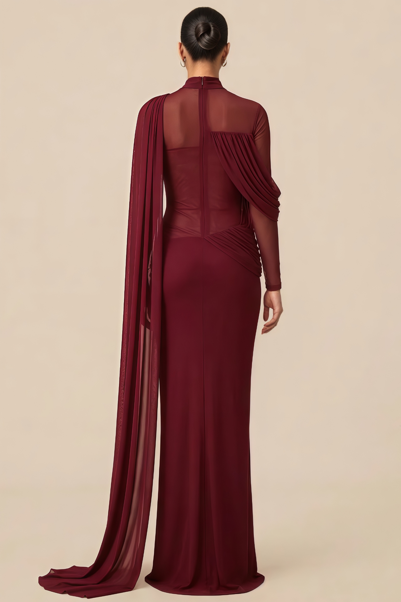 Meran Red Asymmetric Draped Cape Maxi Dress