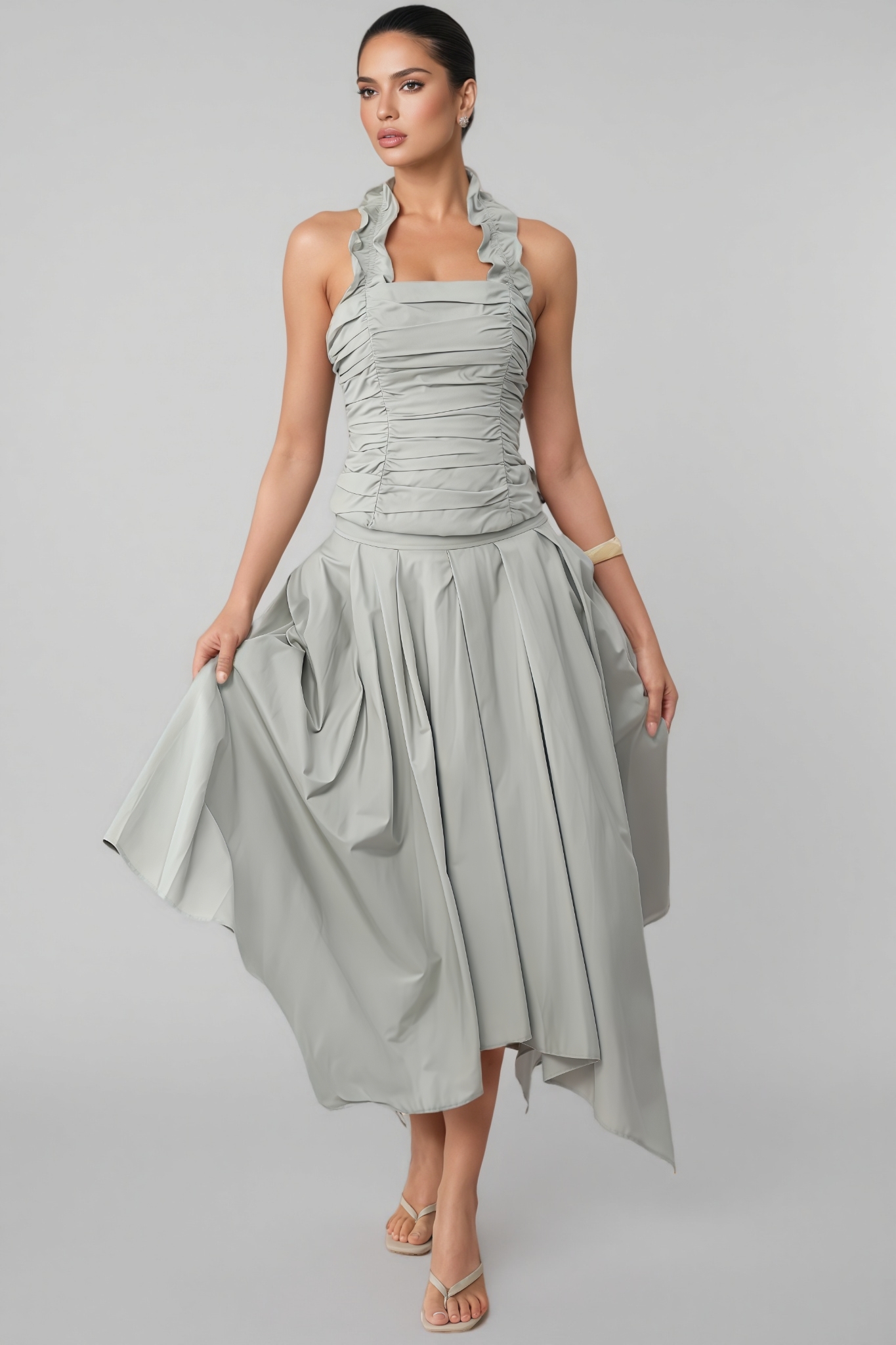 Rory Grey Halter Neck Ruffle Ruched Maxi Dress Set