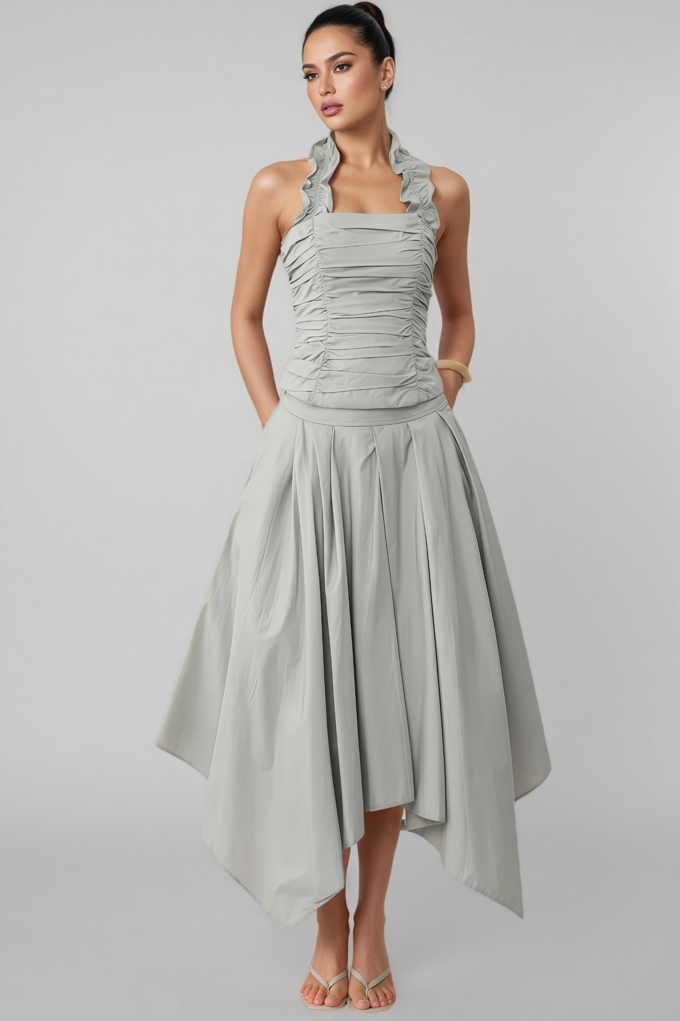 Rory Grey Halter Neck Ruffle Ruched Maxi Dress Set