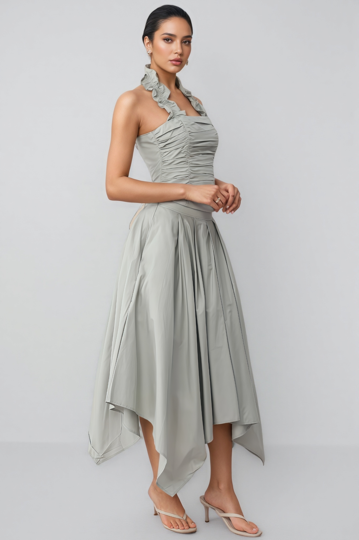 Rory Grey Halter Neck Ruffle Ruched Maxi Dress Set
