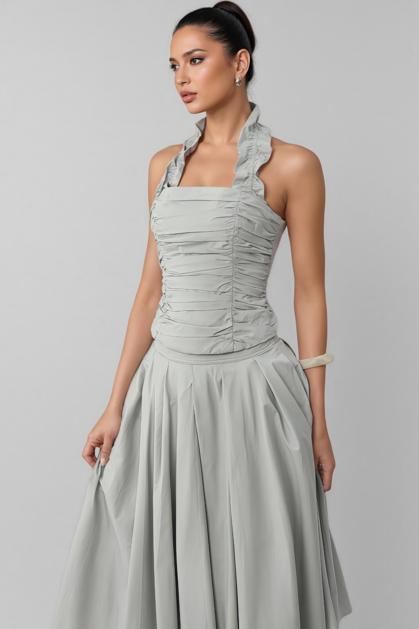 Rory Grey Halter Neck Ruffle Ruched Maxi Dress Set