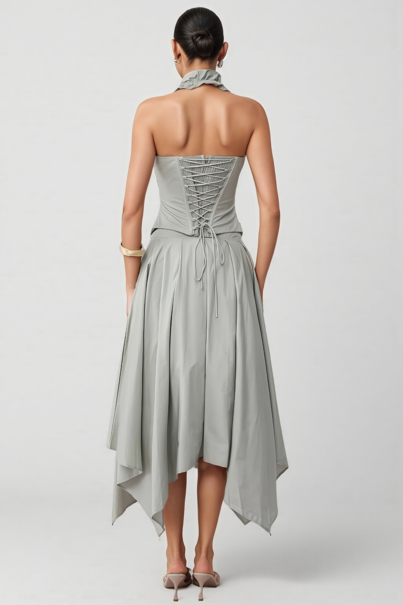 Rory Grey Halter Neck Ruffle Ruched Maxi Dress Set
