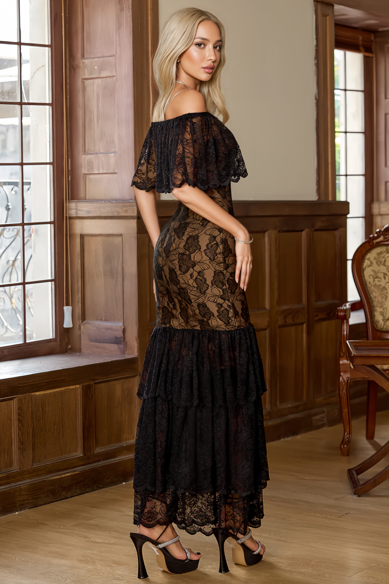 Jorent Black Lace Mermaid Maxi Dress