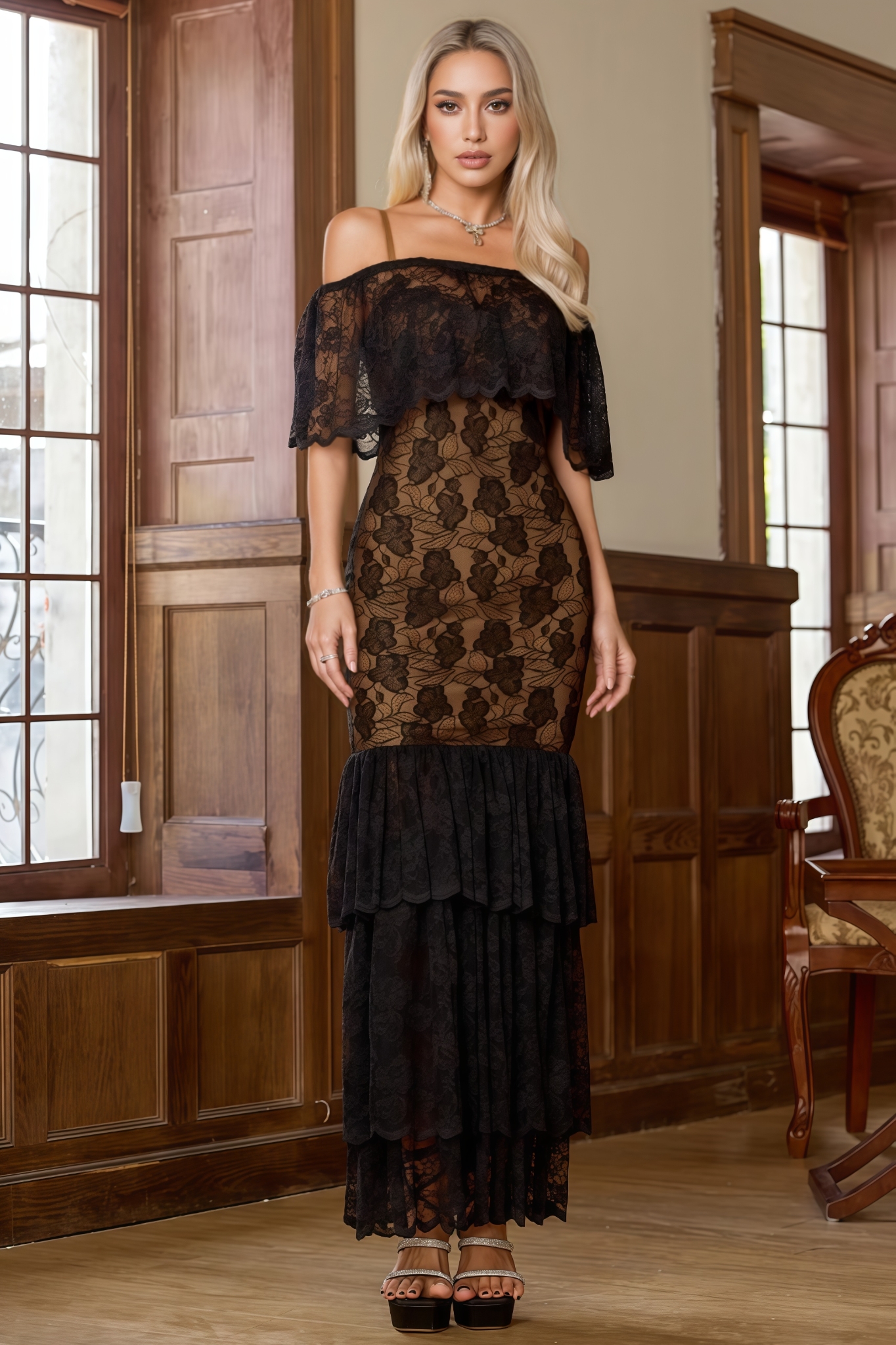 Jorent Black Lace Mermaid Maxi Dress