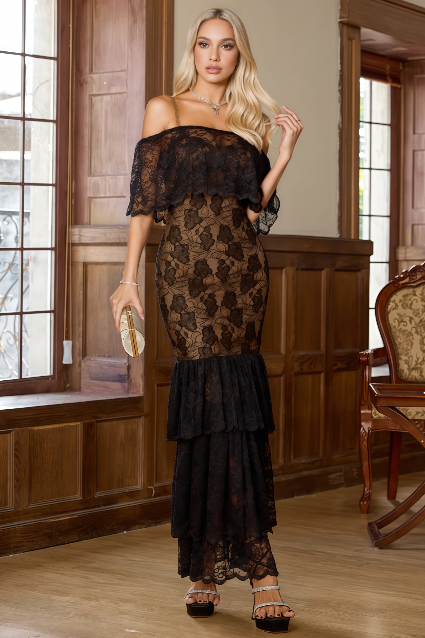 Jorent Black Lace Mermaid Maxi Dress