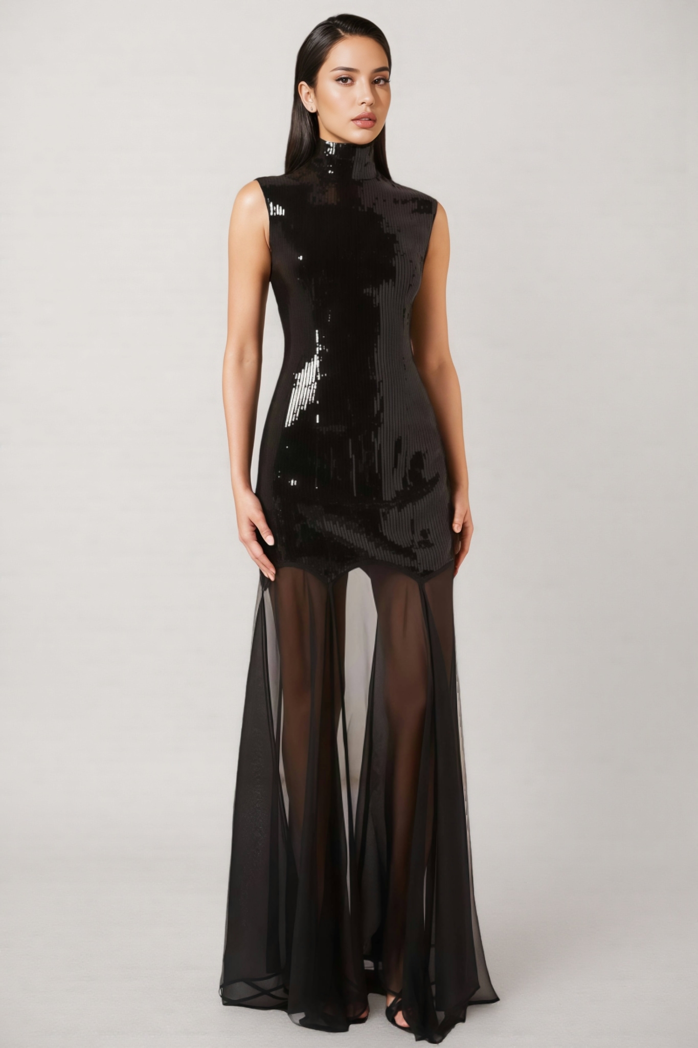 Mayads High Neck Sequin Mesh Maxi Dress