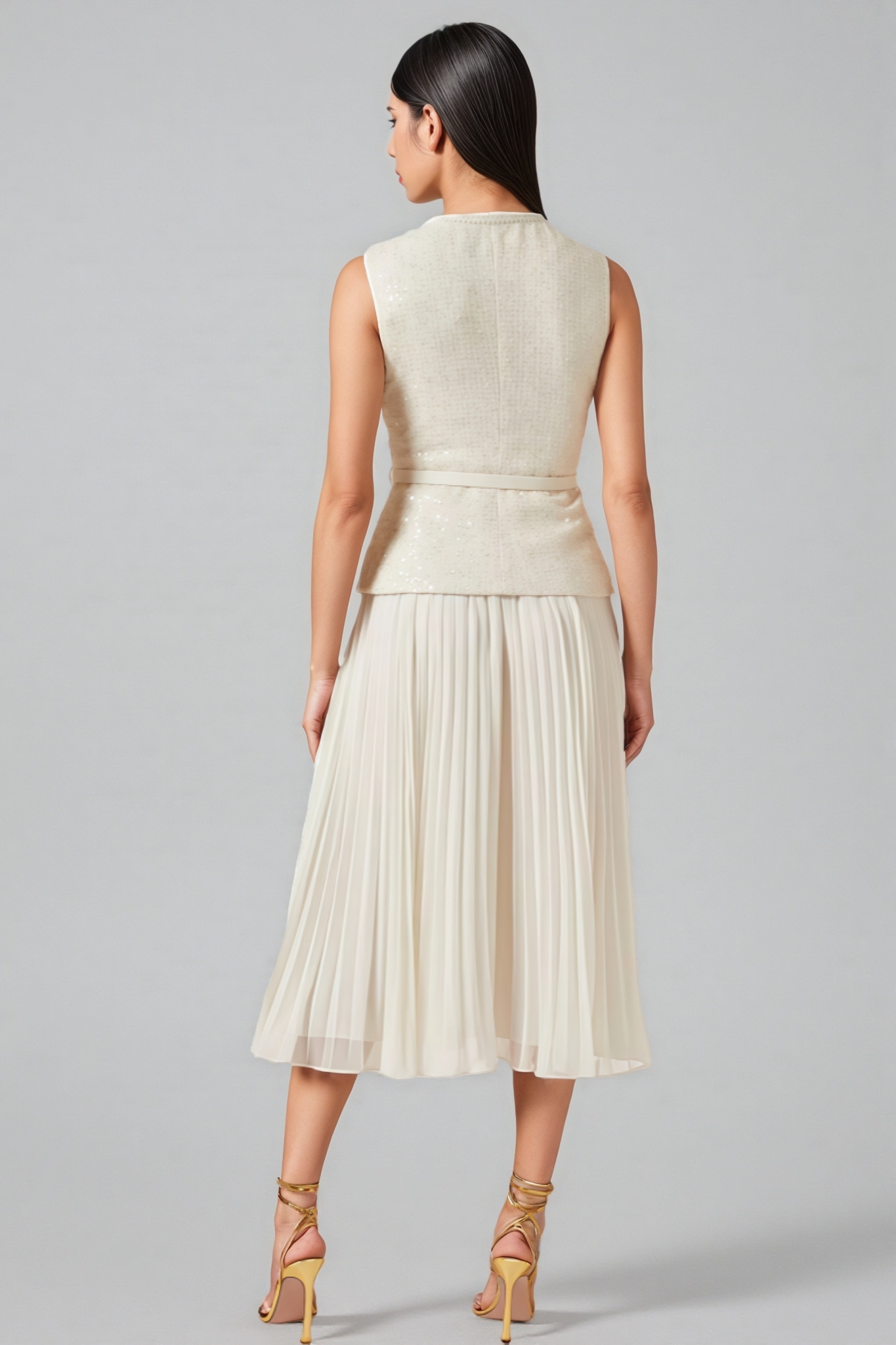 Zahra White Boucle Belted Midi Dress Set