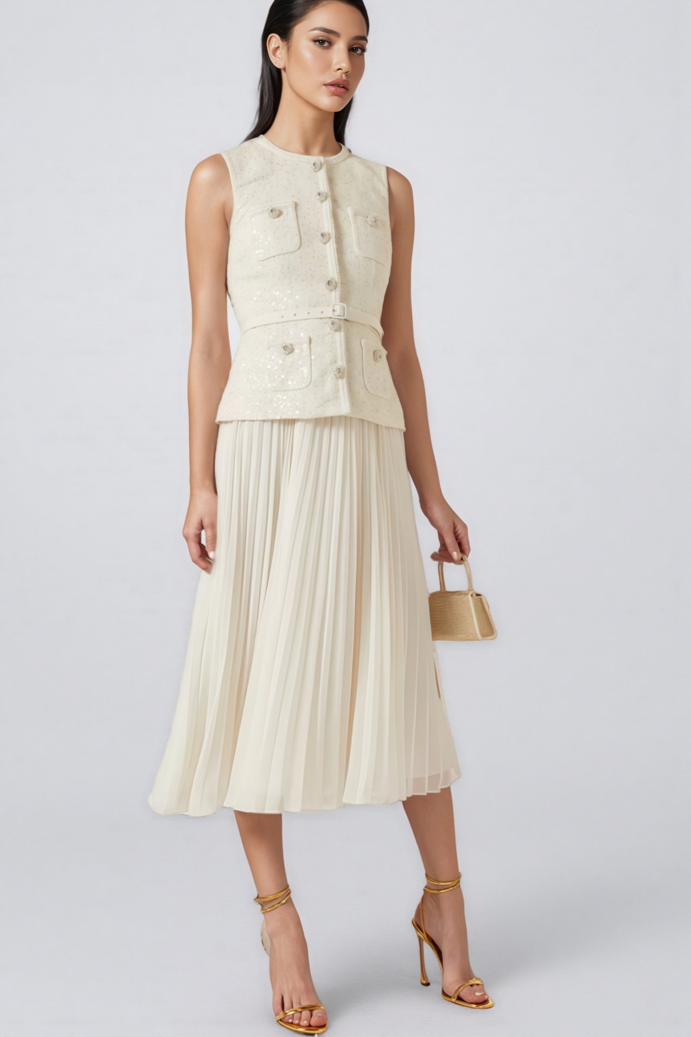 Zahra White Boucle Belted Midi Dress Set