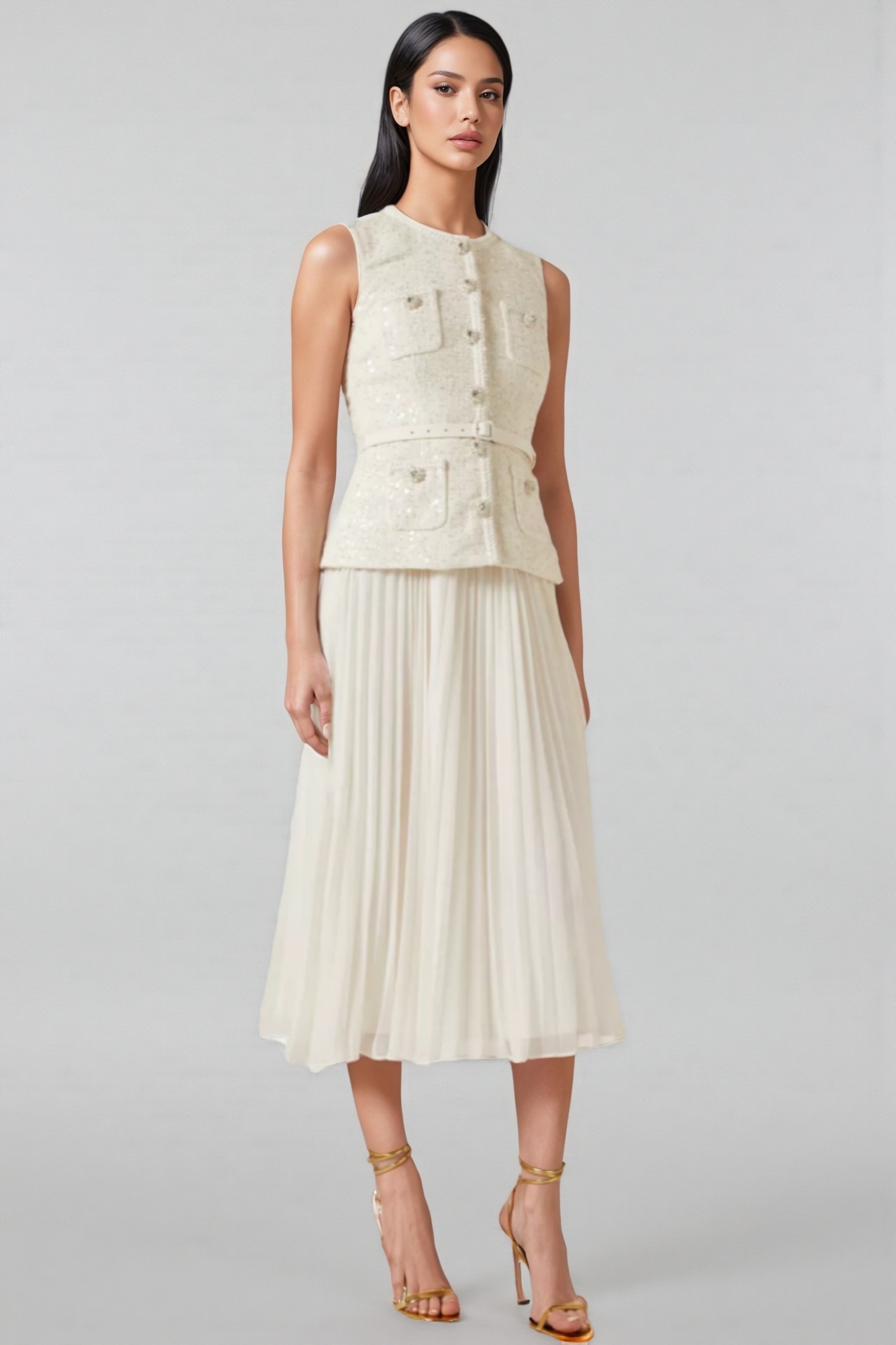 Zahra White Boucle Belted Midi Dress Set