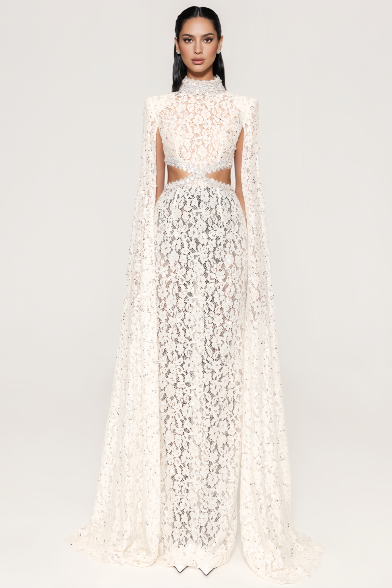 Ernlow White Sequin Cut Out Maxi Dress