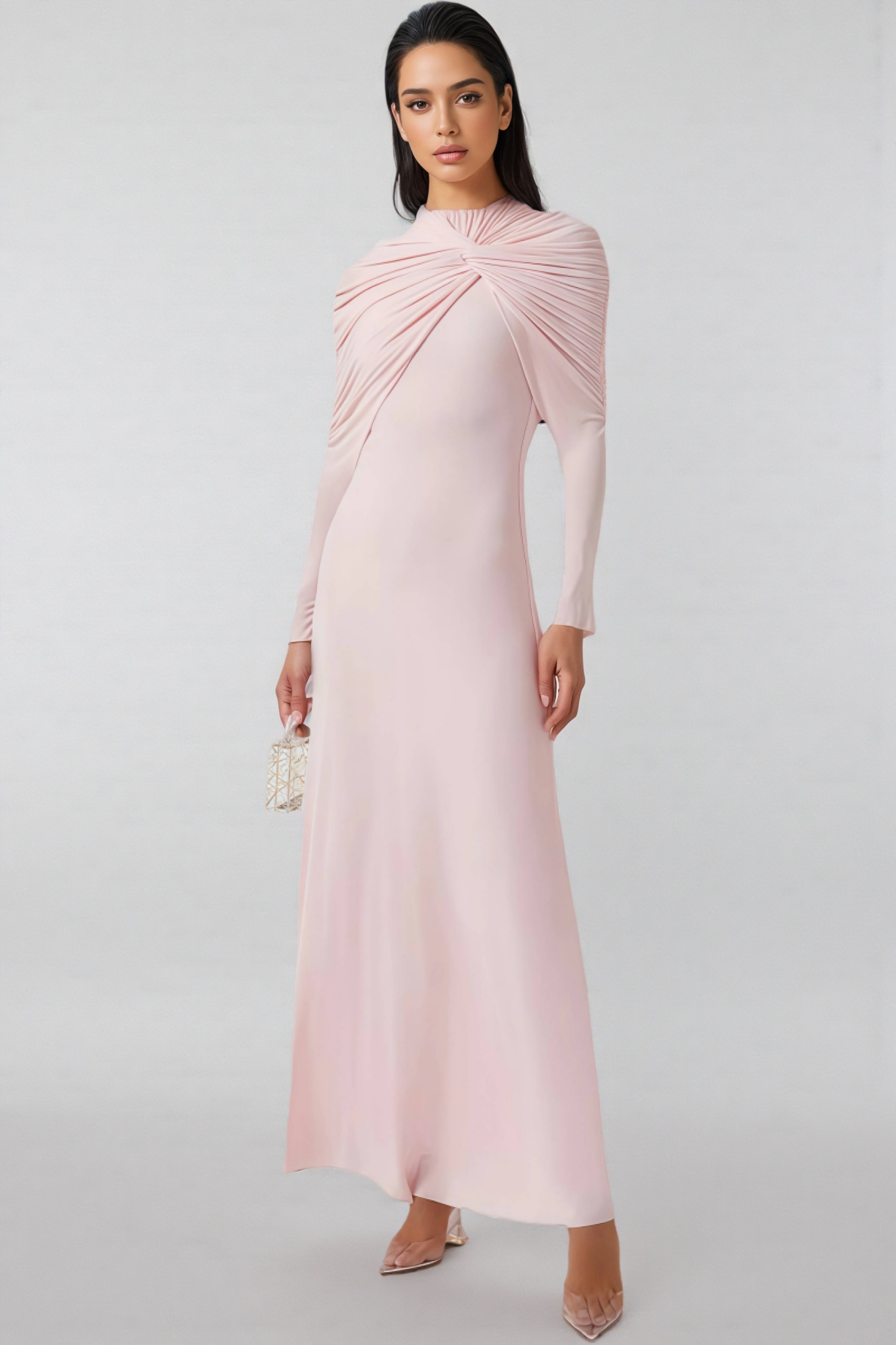 Greelk Pink Long Sleeve Pleated Maxi Dress