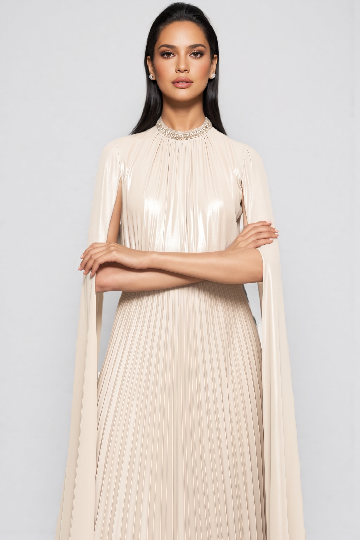 Xevra Beige Cape Design Maxi Dress