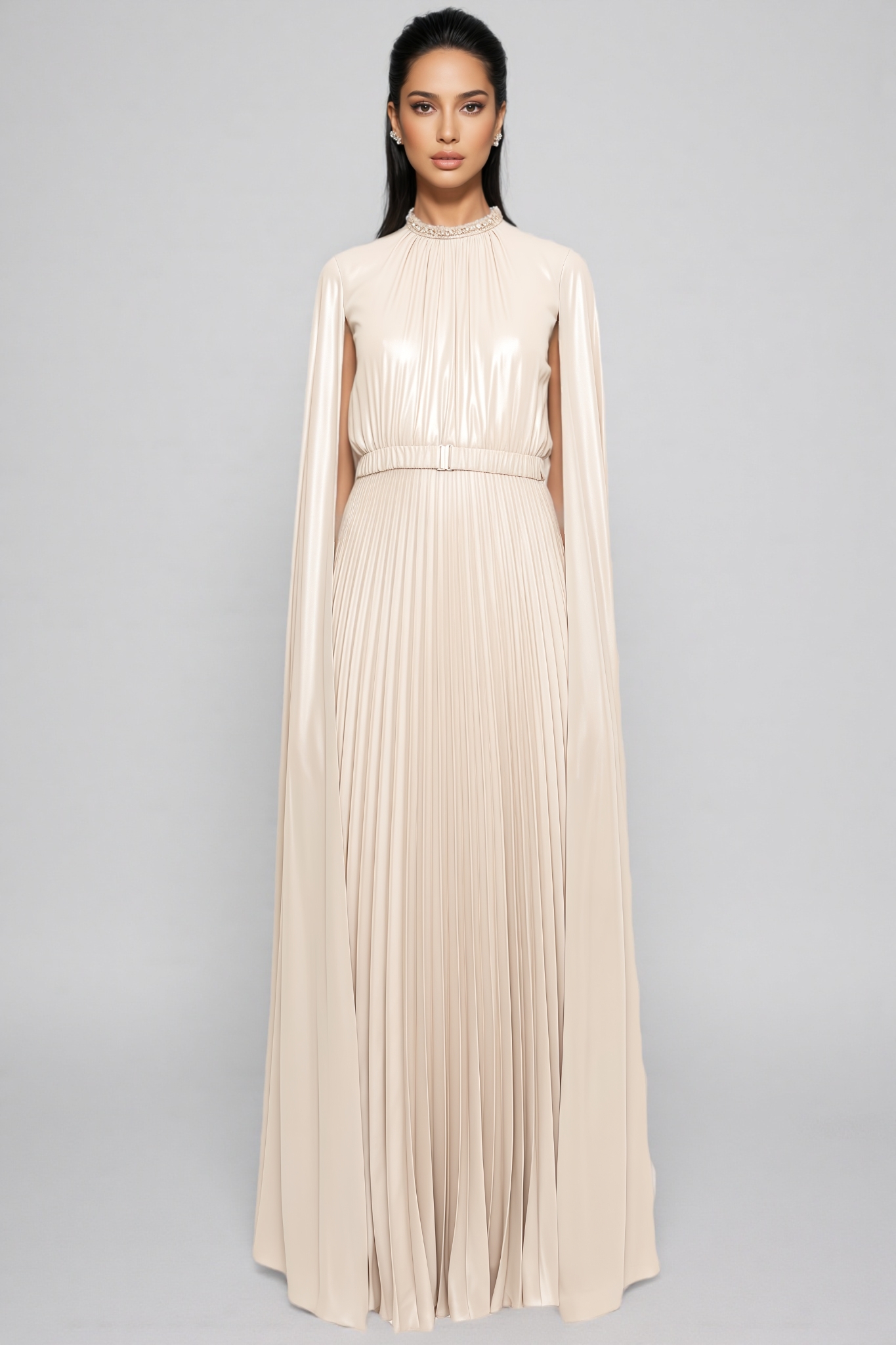Xevra Beige Cape Design Maxi Dress