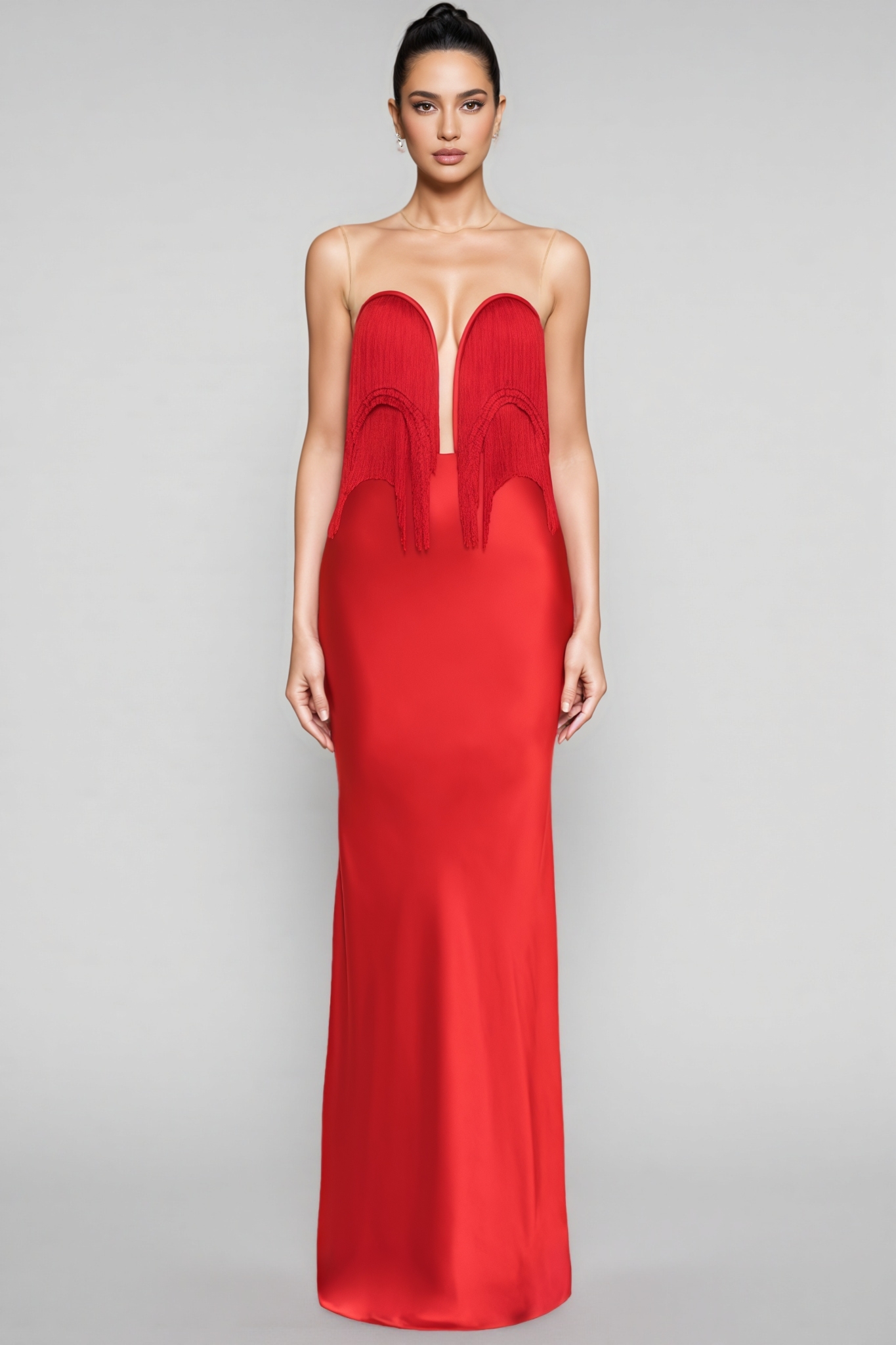 Lupita Red Strapless Fringe Maxi Dress