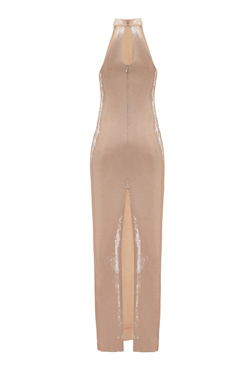 Danielle Beige Slit Sequined Maxi Dress