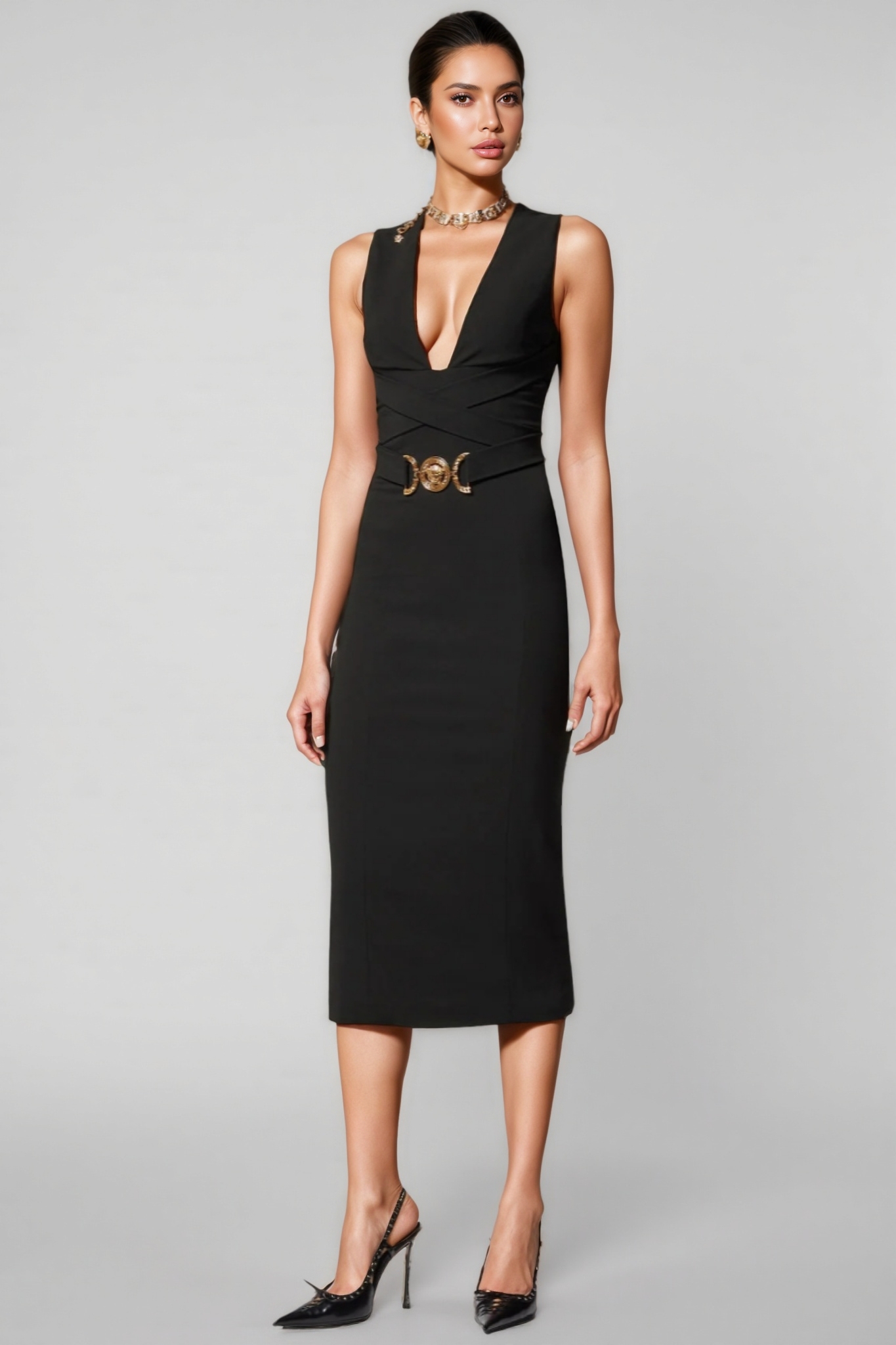 Noric Black V-Neck Bandage Midi Dress
