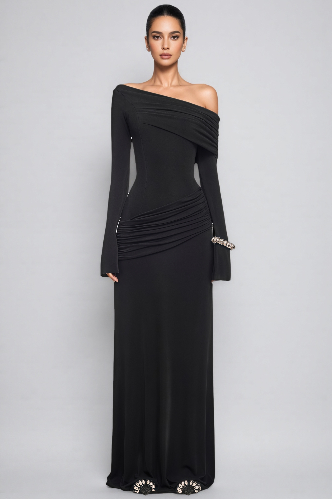 Fennod Black Off Shoulder Long Sleeve Maxi Dress