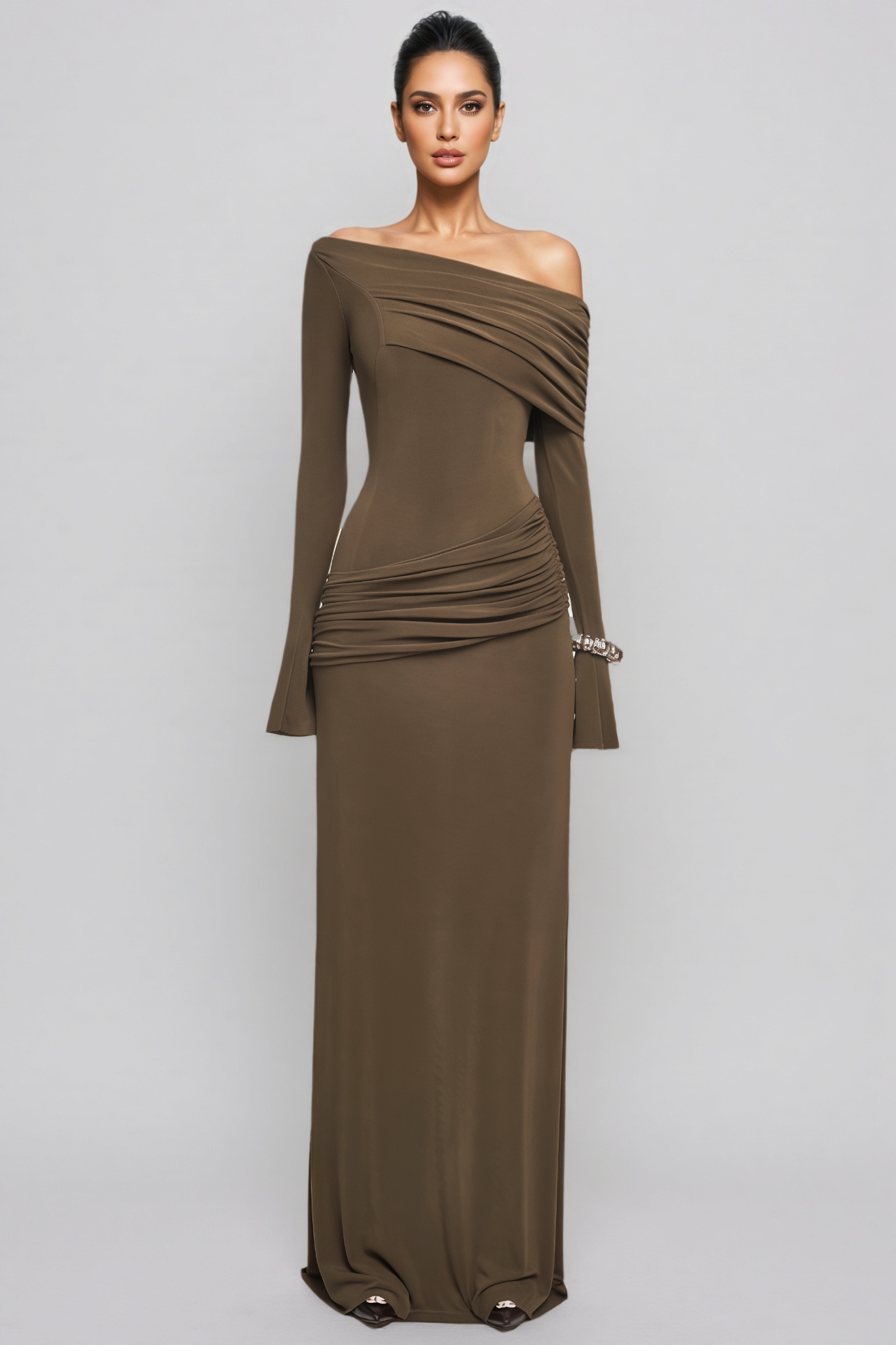 Garante Brown Off Shoulder Long Sleeve Maxi Dress