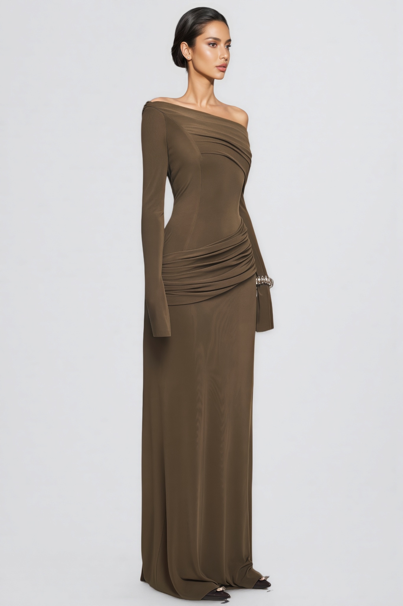 Garante Brown Off Shoulder Long Sleeve Maxi Dress