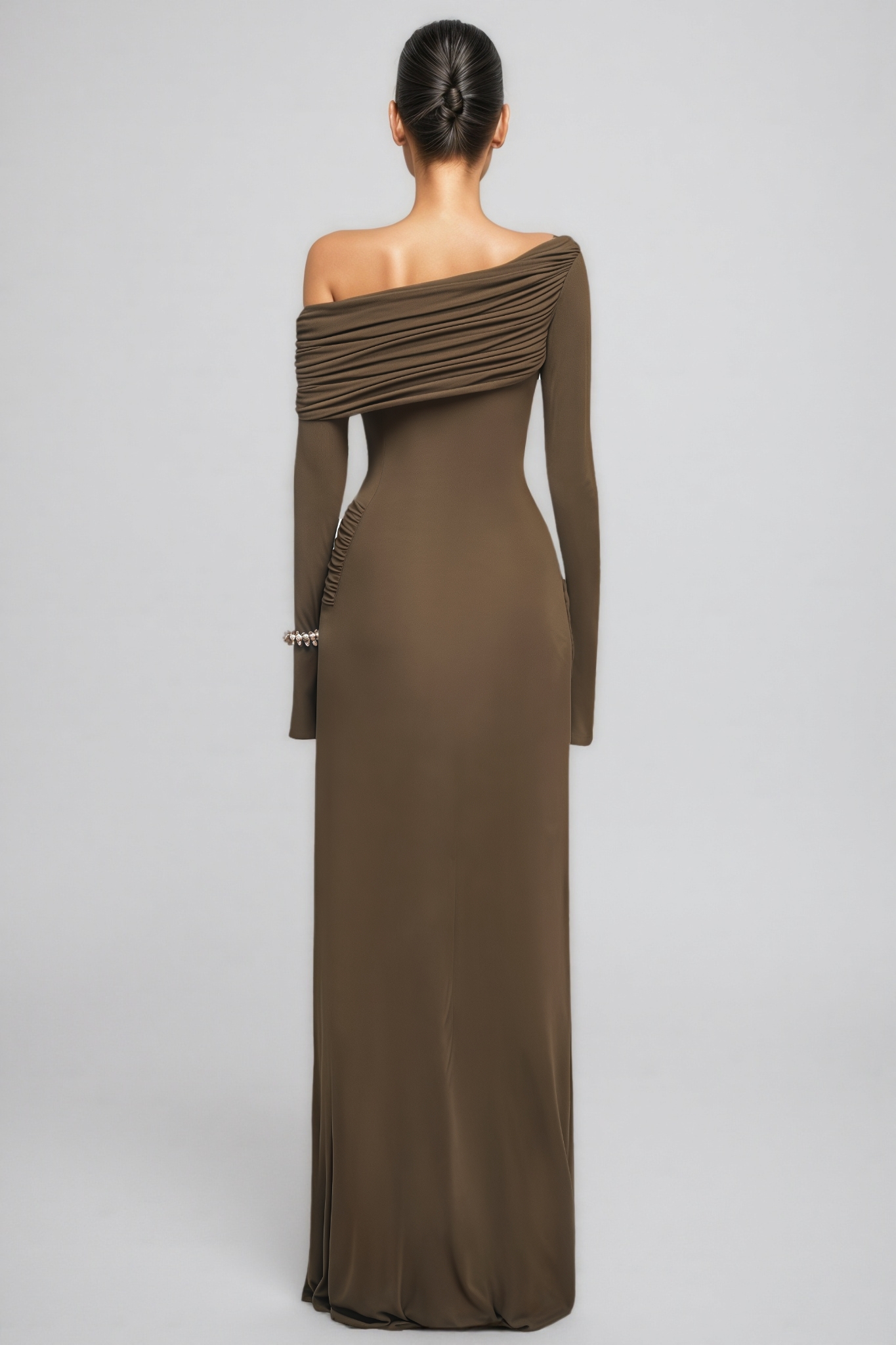 Garante Brown Off Shoulder Long Sleeve Maxi Dress