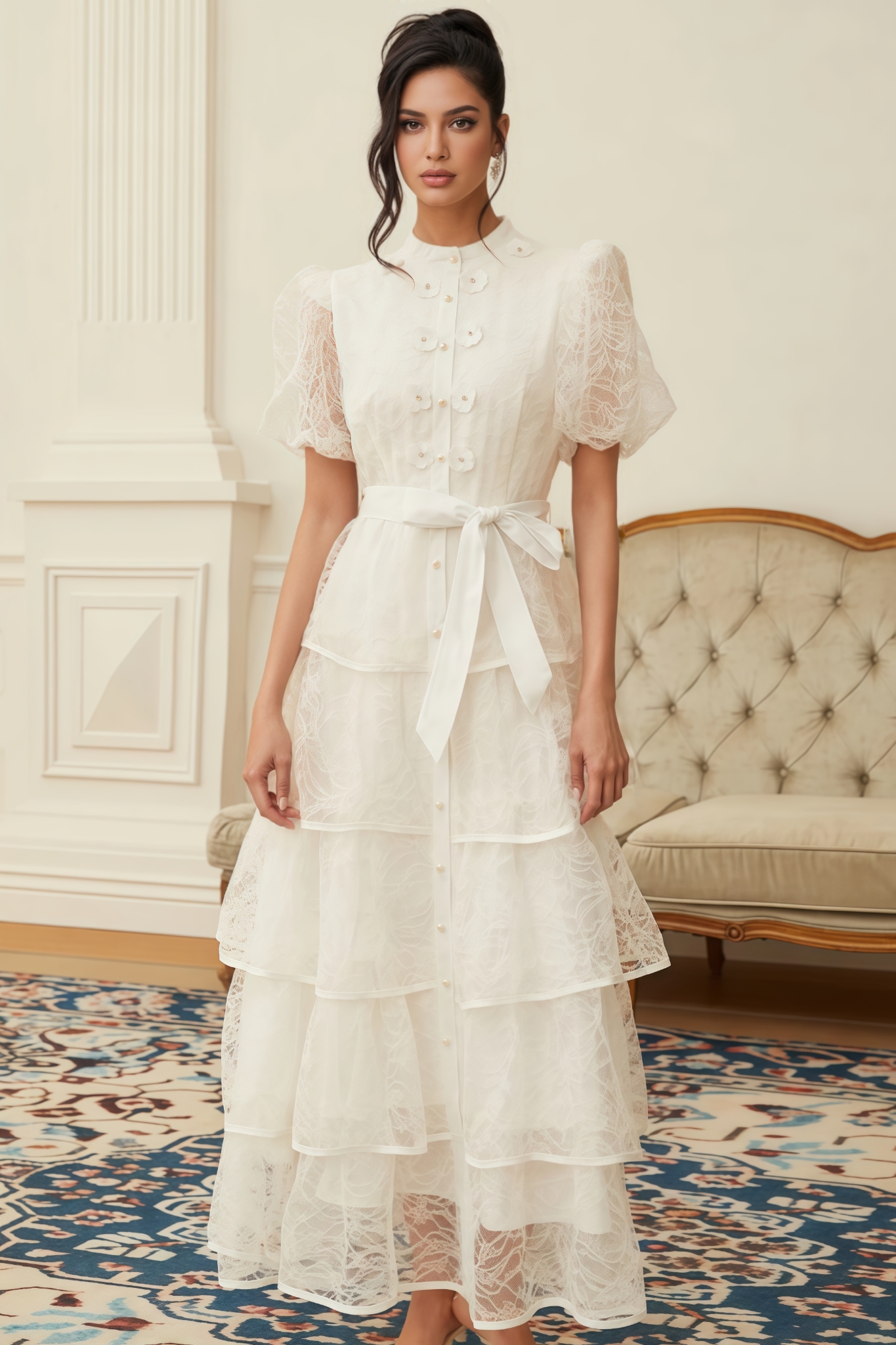 Jinx White Floral Lace Tiered Maxi Dress