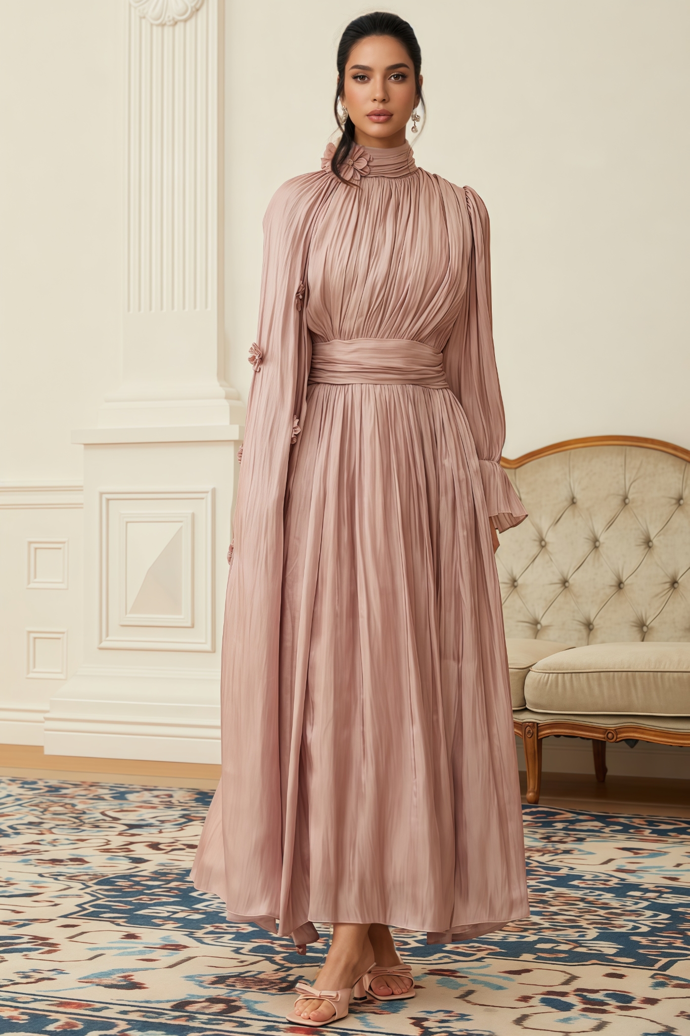 Perrine Pink Floral Pleated Cape Maxi Dress