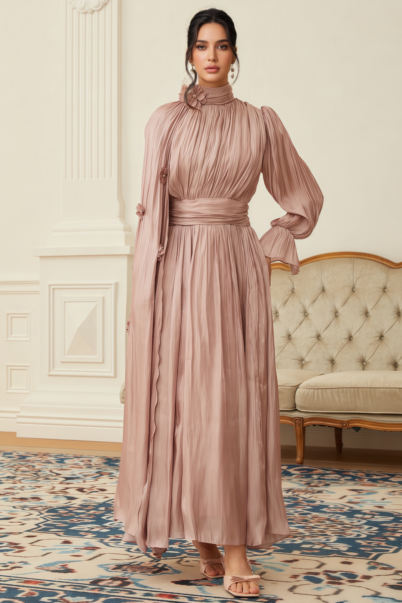 Perrine Pink Floral Pleated Cape Maxi Dress