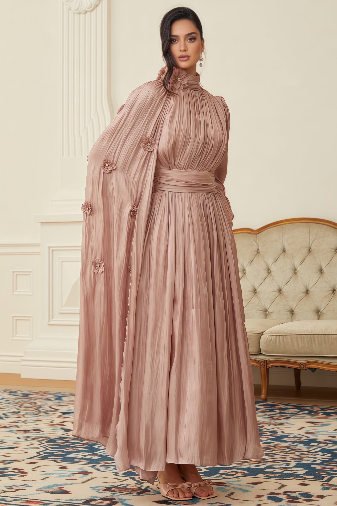 Perrine Pink Floral Pleated Cape Maxi Dress