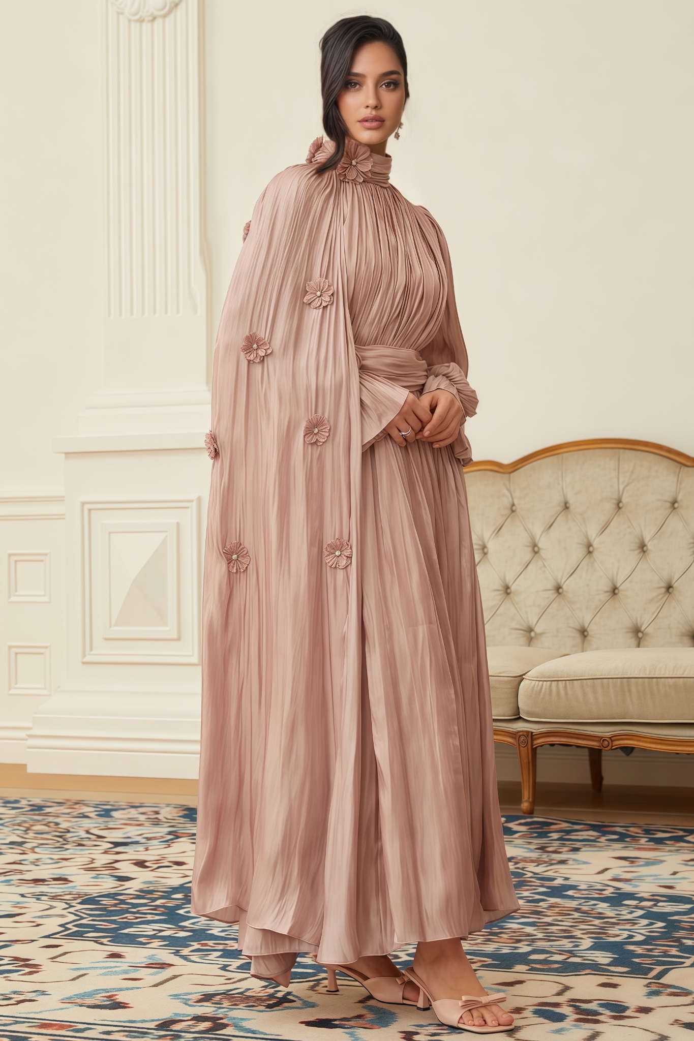 Perrine Pink Floral Pleated Cape Maxi Dress