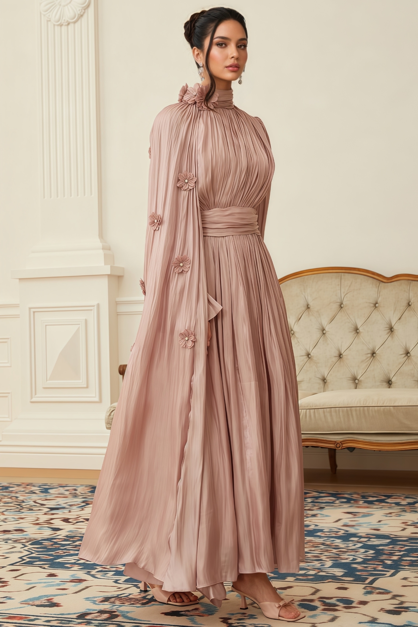 Perrine Pink Floral Pleated Cape Maxi Dress