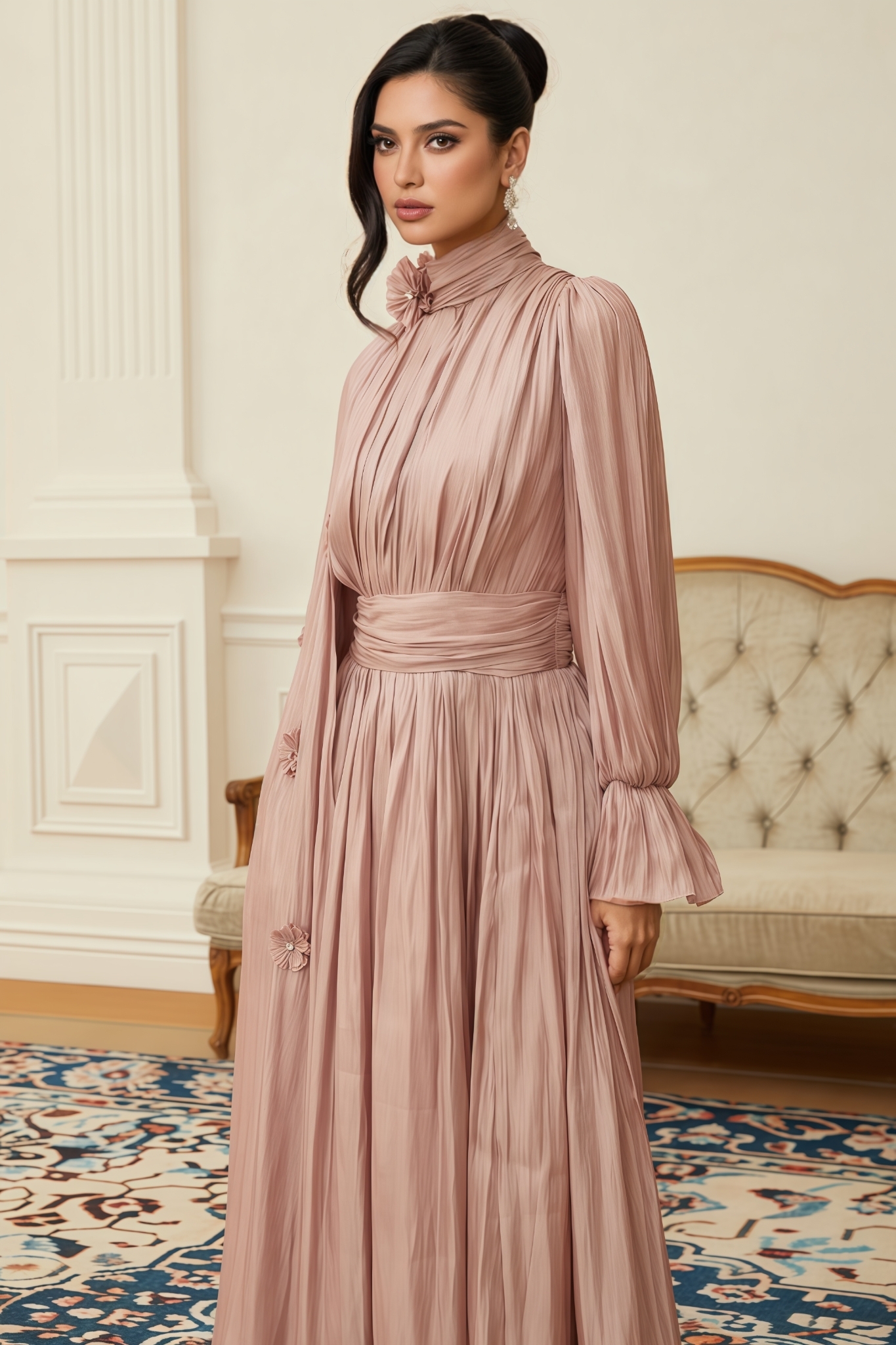 Perrine Pink Floral Pleated Cape Maxi Dress