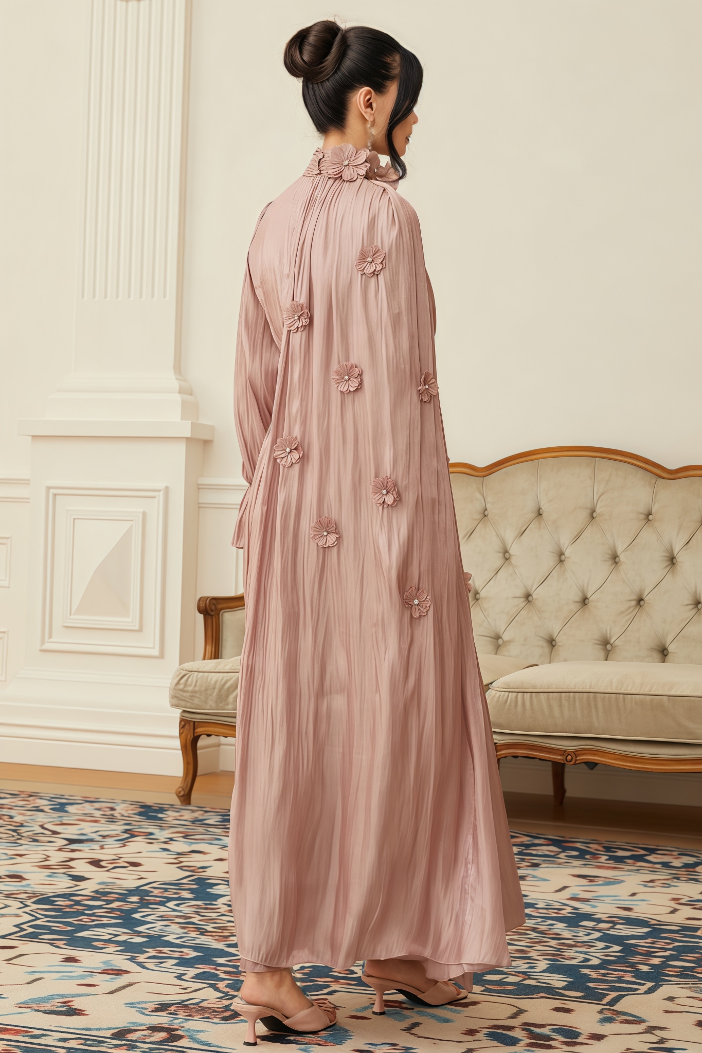 Perrine Pink Floral Pleated Cape Maxi Dress