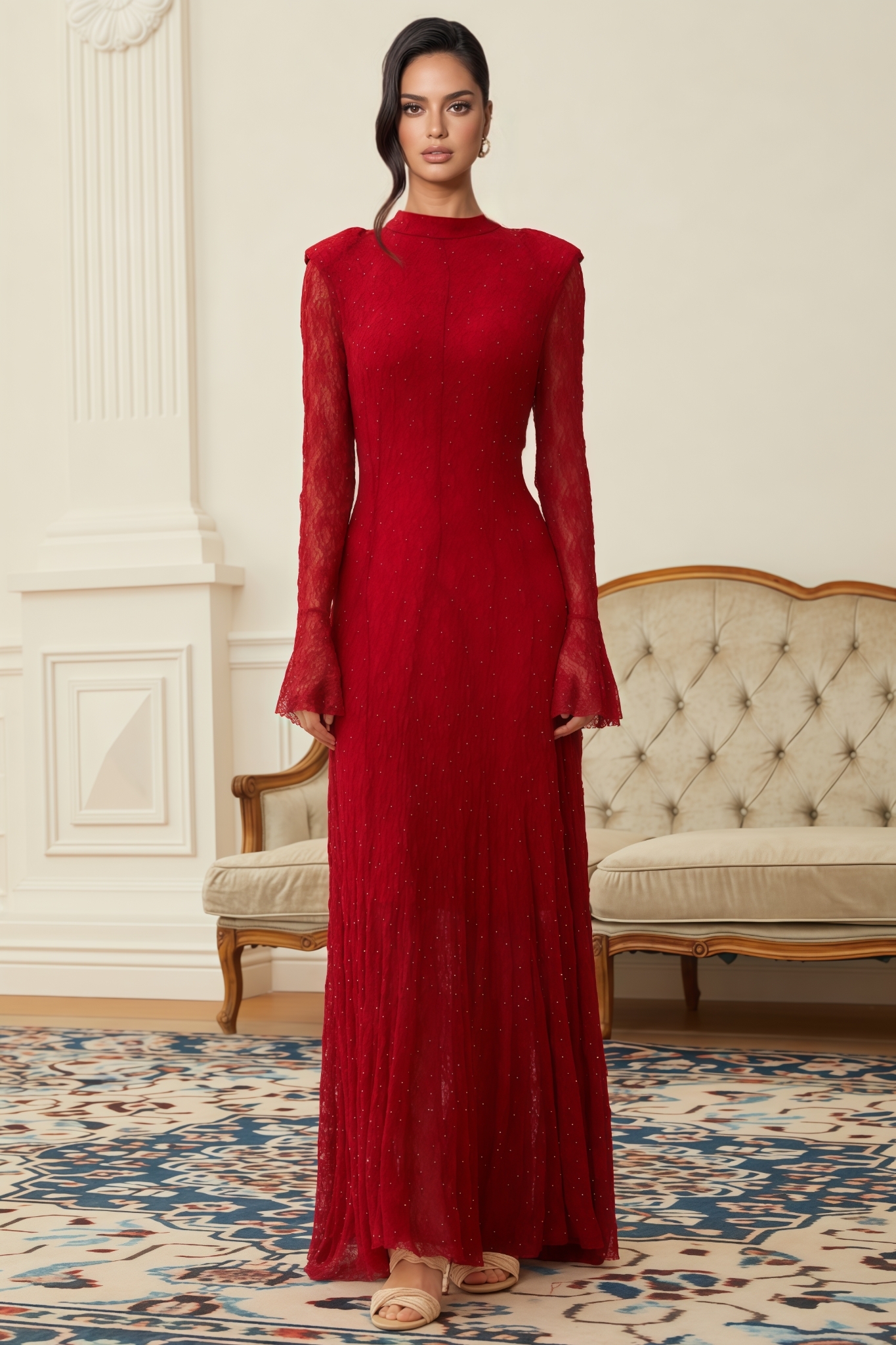 Perrine Red Rhinestone Guipure Lace Maxi Dress