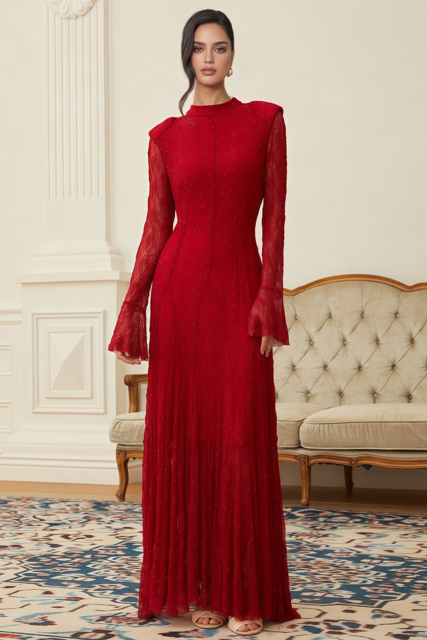 Perrine Red Rhinestone Guipure Lace Maxi Dress