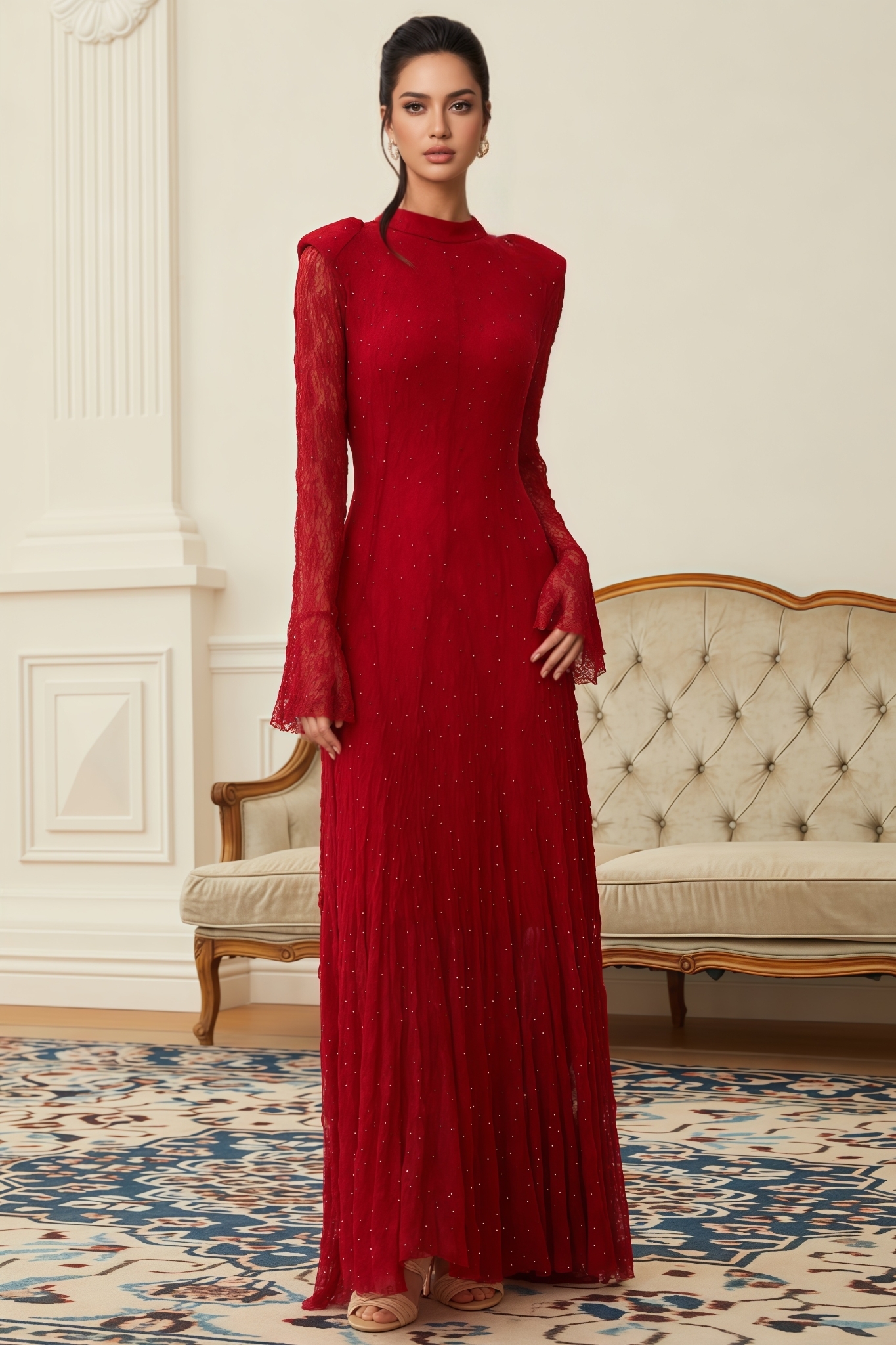 Perrine Red Rhinestone Guipure Lace Maxi Dress