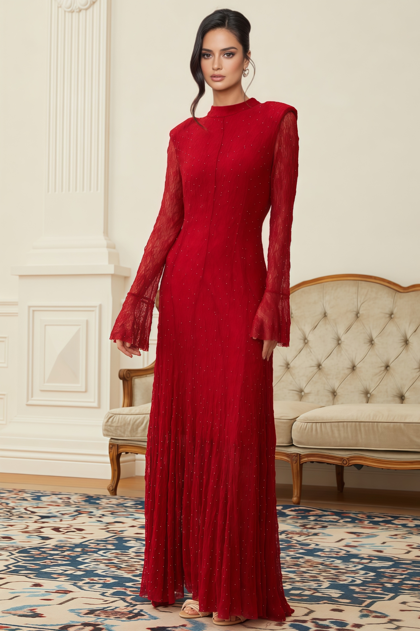 Perrine Red Rhinestone Guipure Lace Maxi Dress
