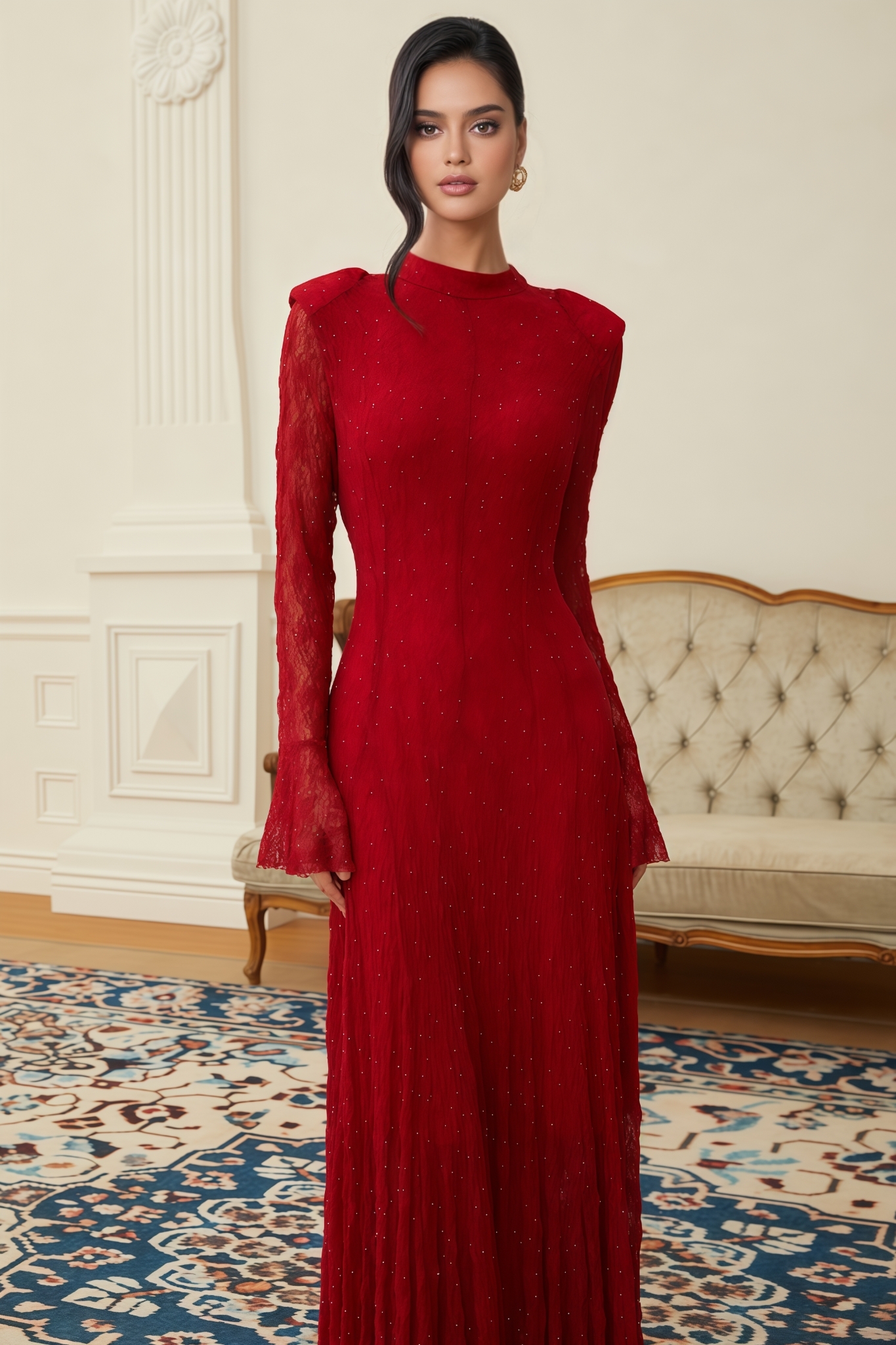 Perrine Red Rhinestone Guipure Lace Maxi Dress